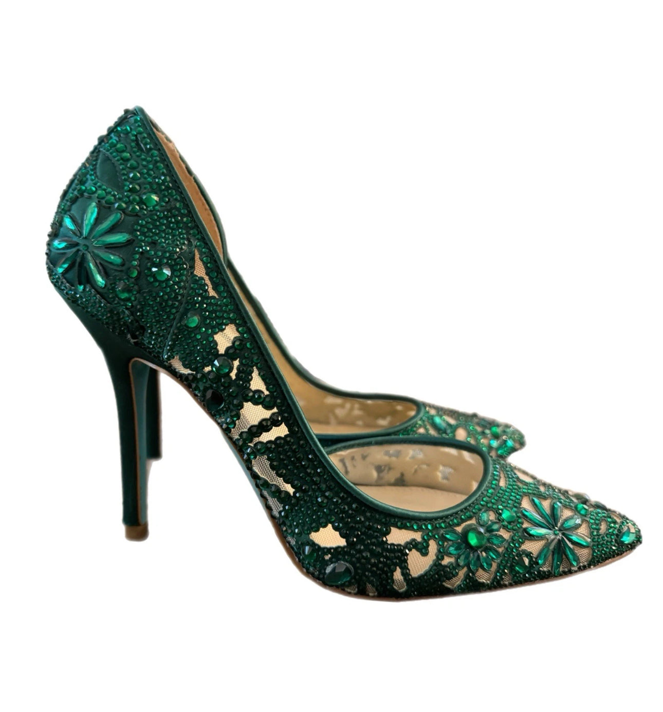 Betsey Johnson Blue Bottom Green Crystal Beaded d’Orsay Pumps Showstopper Heels Sz 8.5