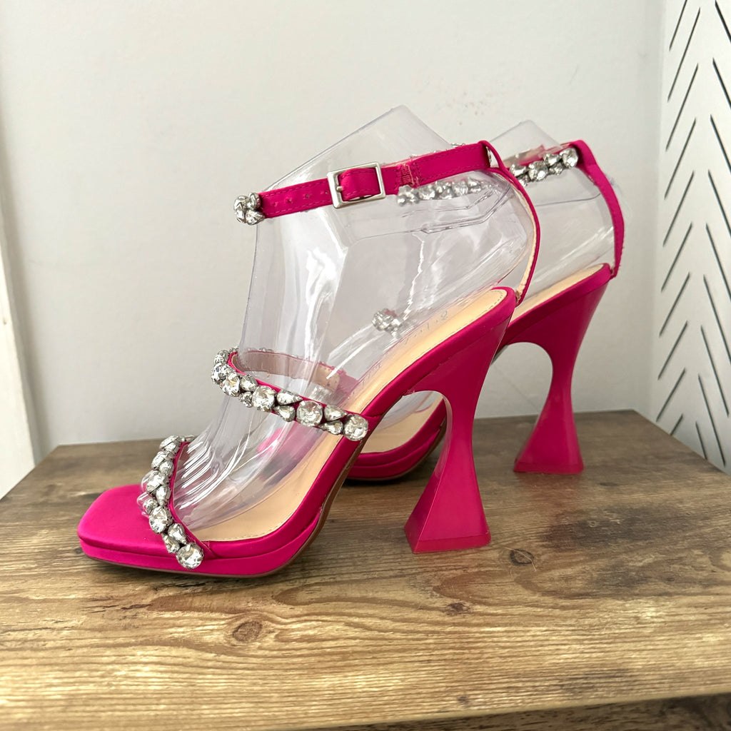 Betsey Johnson SB-Perry Women's Heels Pink Rhinestone Strap Blue Bottoms Sz 6.5