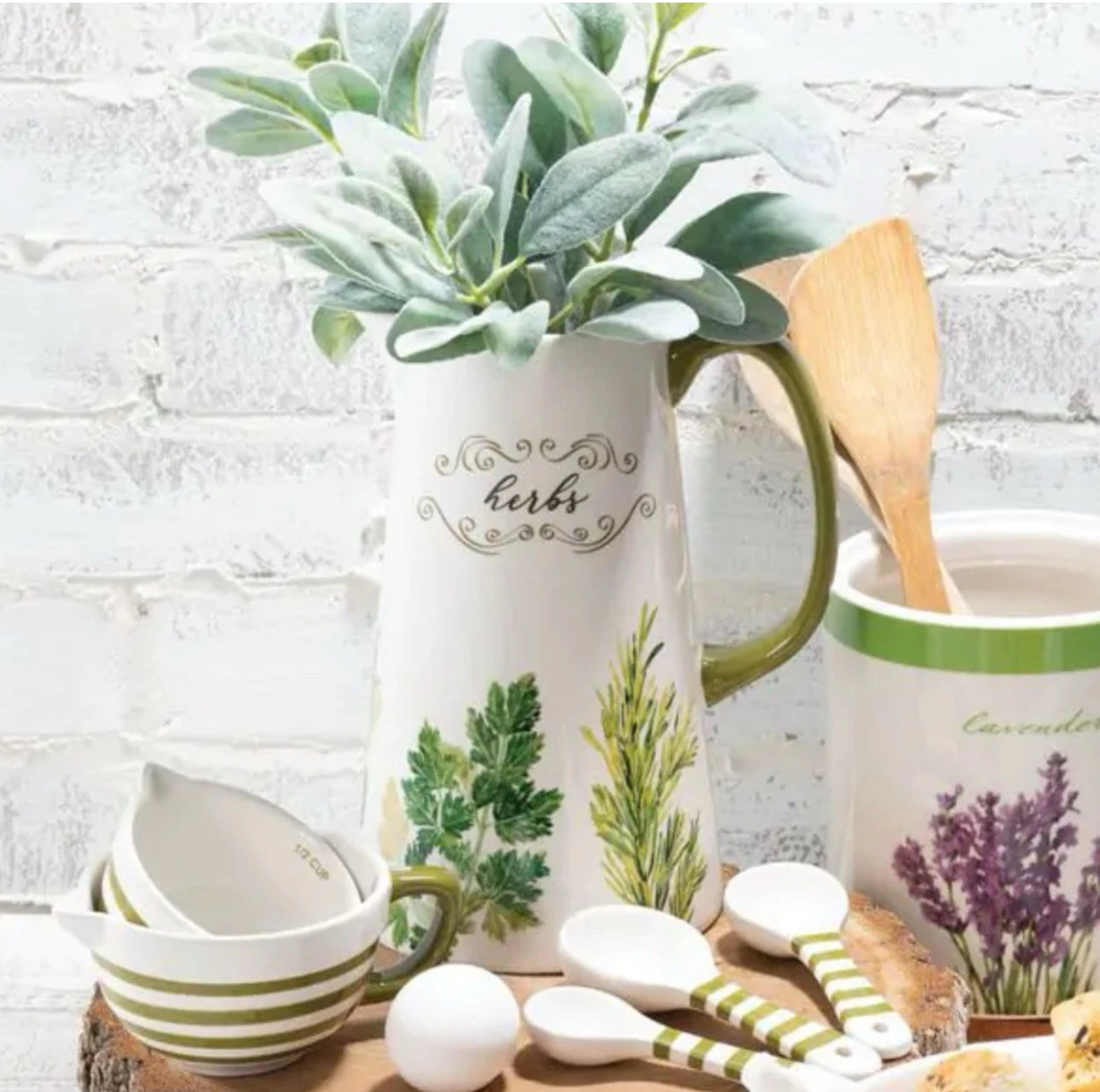 New Ceramic Pitcher Herbs Botanical Painted Green White 9.5”
