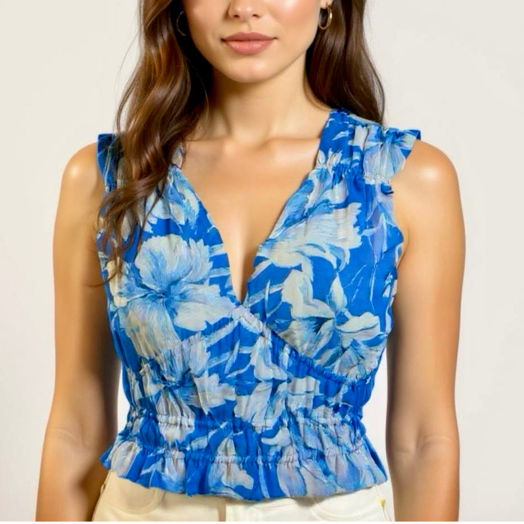 Steve Madden Blue Floral Smocked Crop Top Sleeveless Ruched Blouse Sz XS