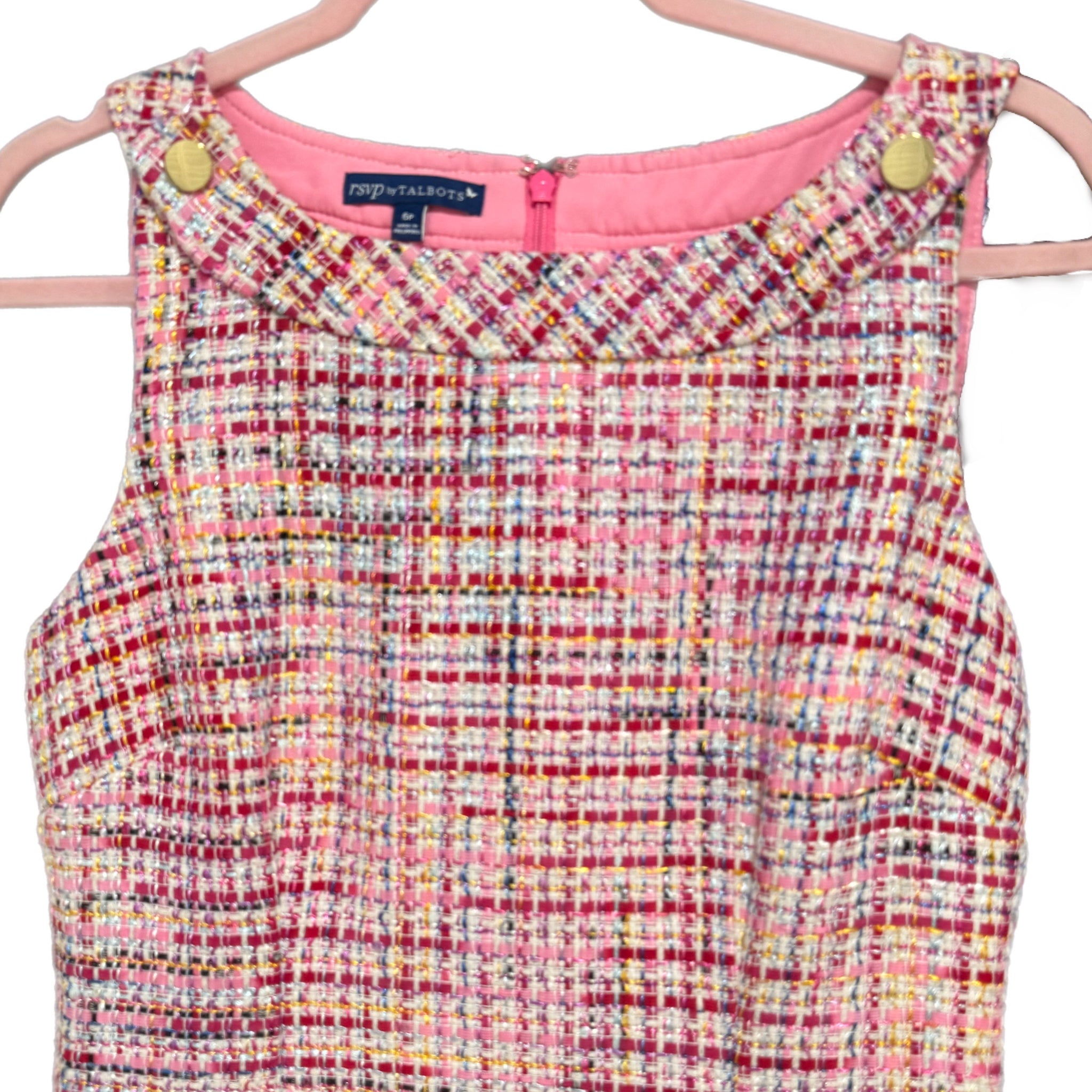 rsvp by Talbots Preppy Lady Pink Tweed Dress Sleeveless Sheath Gold Button Sz 6P