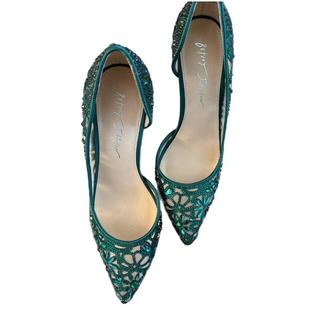 Betsey Johnson Blue Bottom Green Crystal Beaded d’Orsay Pumps Showstopper Heels Sz 8.5