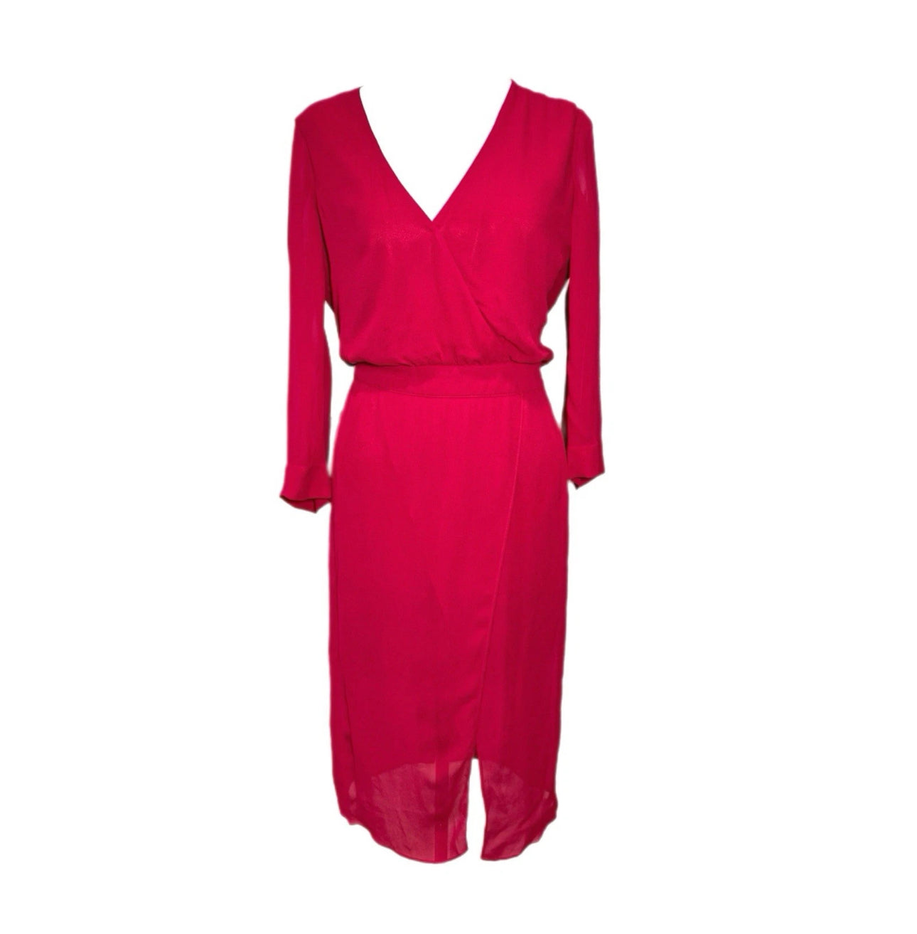 Bebe Womens Raspberry Pink Chiffon Faux Wrap Midi Dress 3/4 Sleeve NWT Sz 4