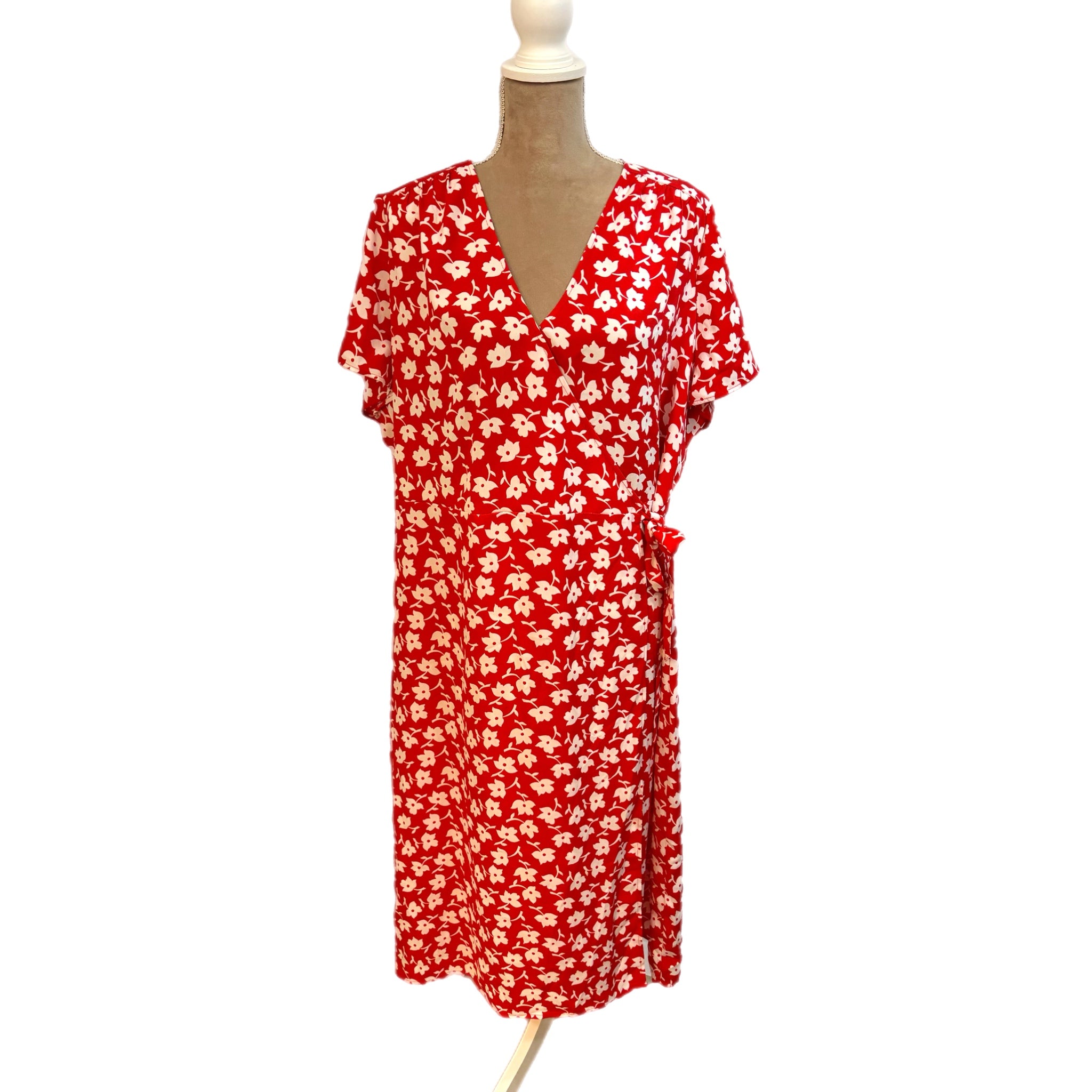 NWT J.Crew Drapey Twill Midi Wrap Dress Red Floral Size 20 Women’s Short Sleeve