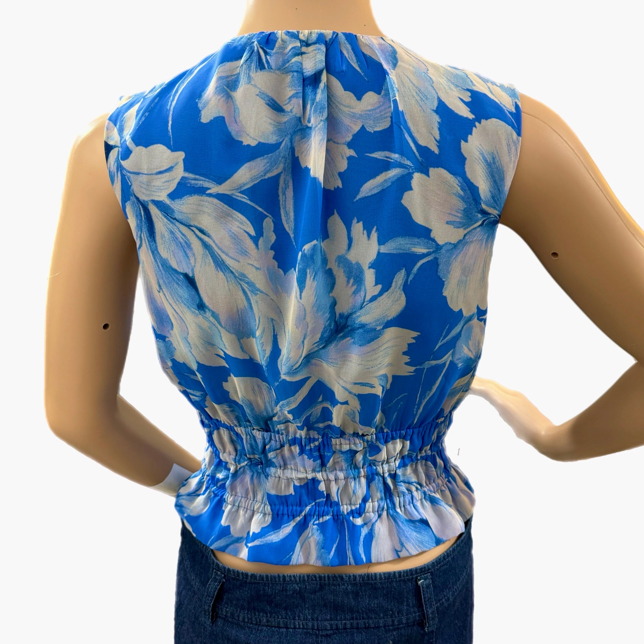 Steve Madden Blue Floral Smocked Crop Top Sleeveless Ruched Blouse Sz XS