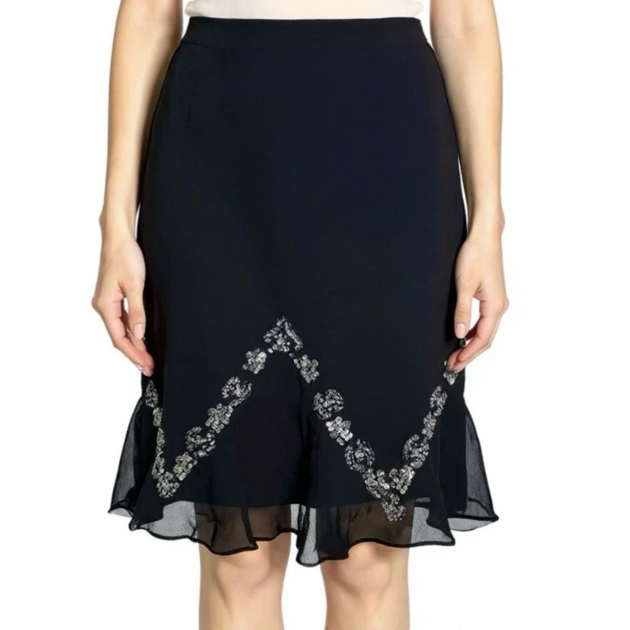 NWT BIANCA NYGARD 100% Silk Beaded Skirt Black Tulip Ruffle Hem Sz 4