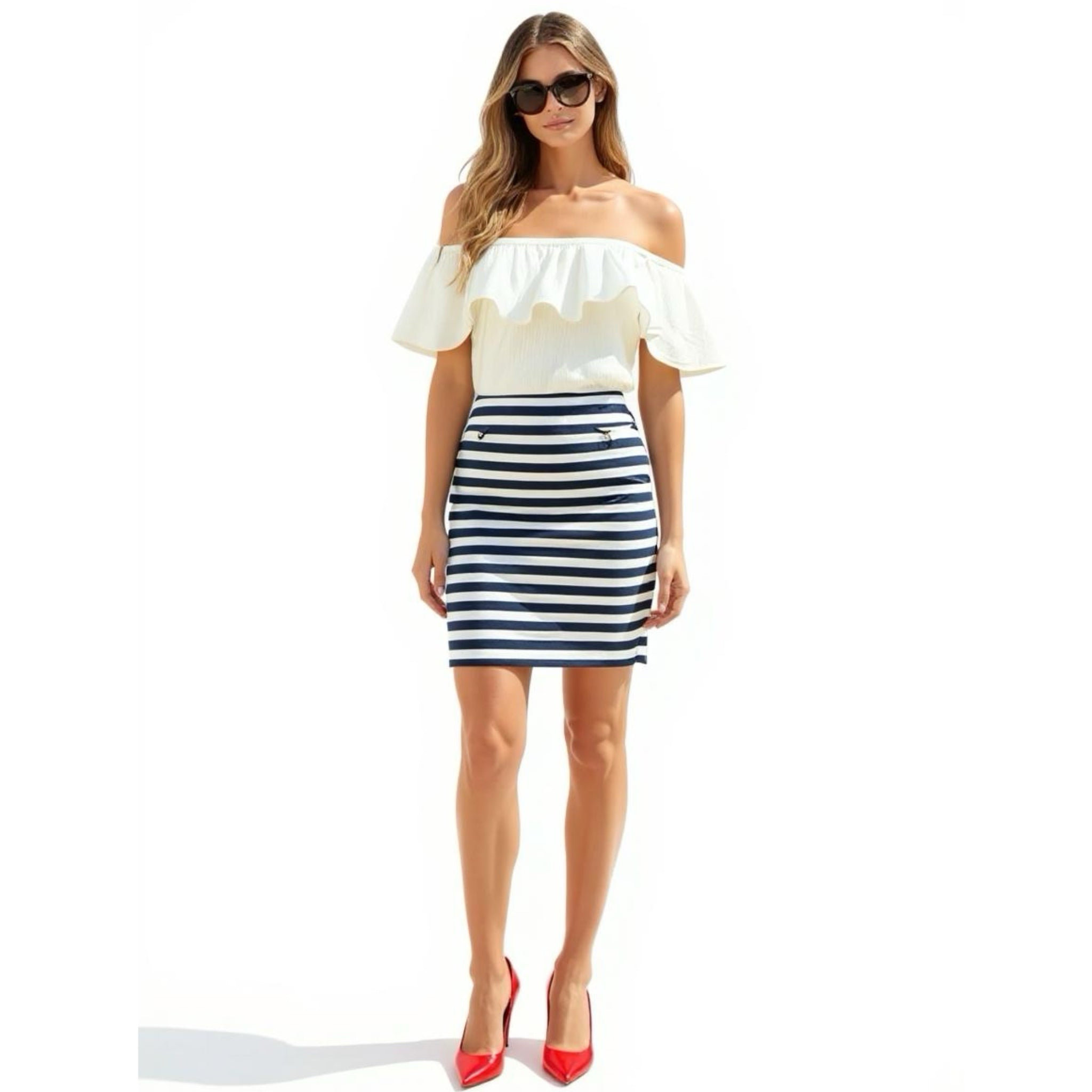 ANN TAYLOR Coastal Linen Blend Striped Pencil Skirt High Rise Navy White Size 4
