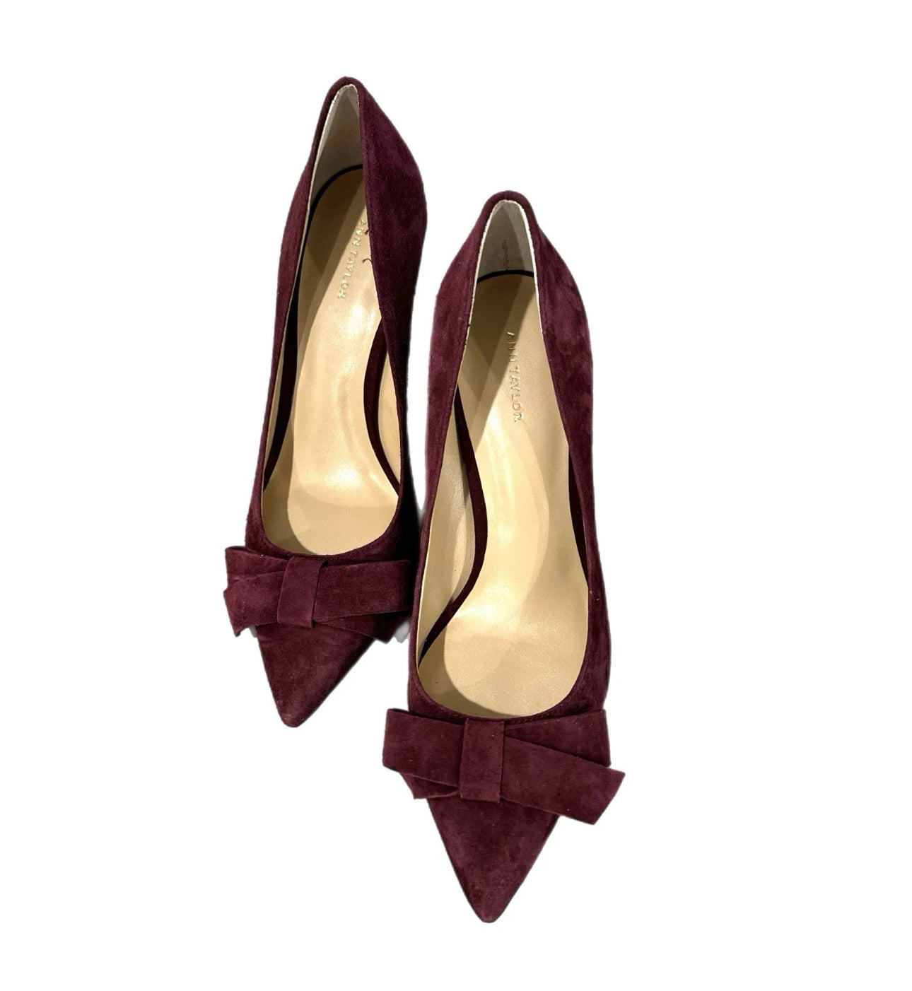 ANN TAYLOR Burgundy Suede Heels Pointy Toe Classic with Bow Detail Women’s Size 9