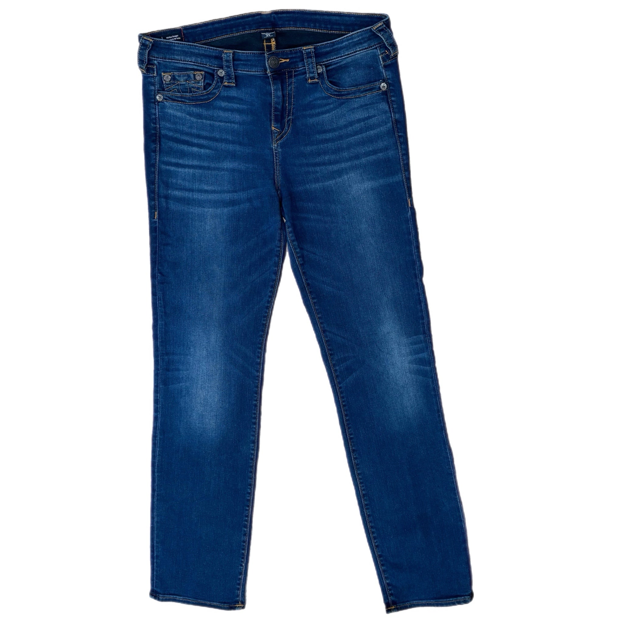 TRUE RELIGION Women’s Billie Straight Jeans Sz 34 Mid Rise 33.5” Inseam Slimming