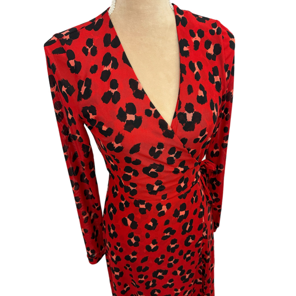 Cabi Siren Wrap Dress Red Leopard Print Midi Women’s Size XS Long Sleeve Chic