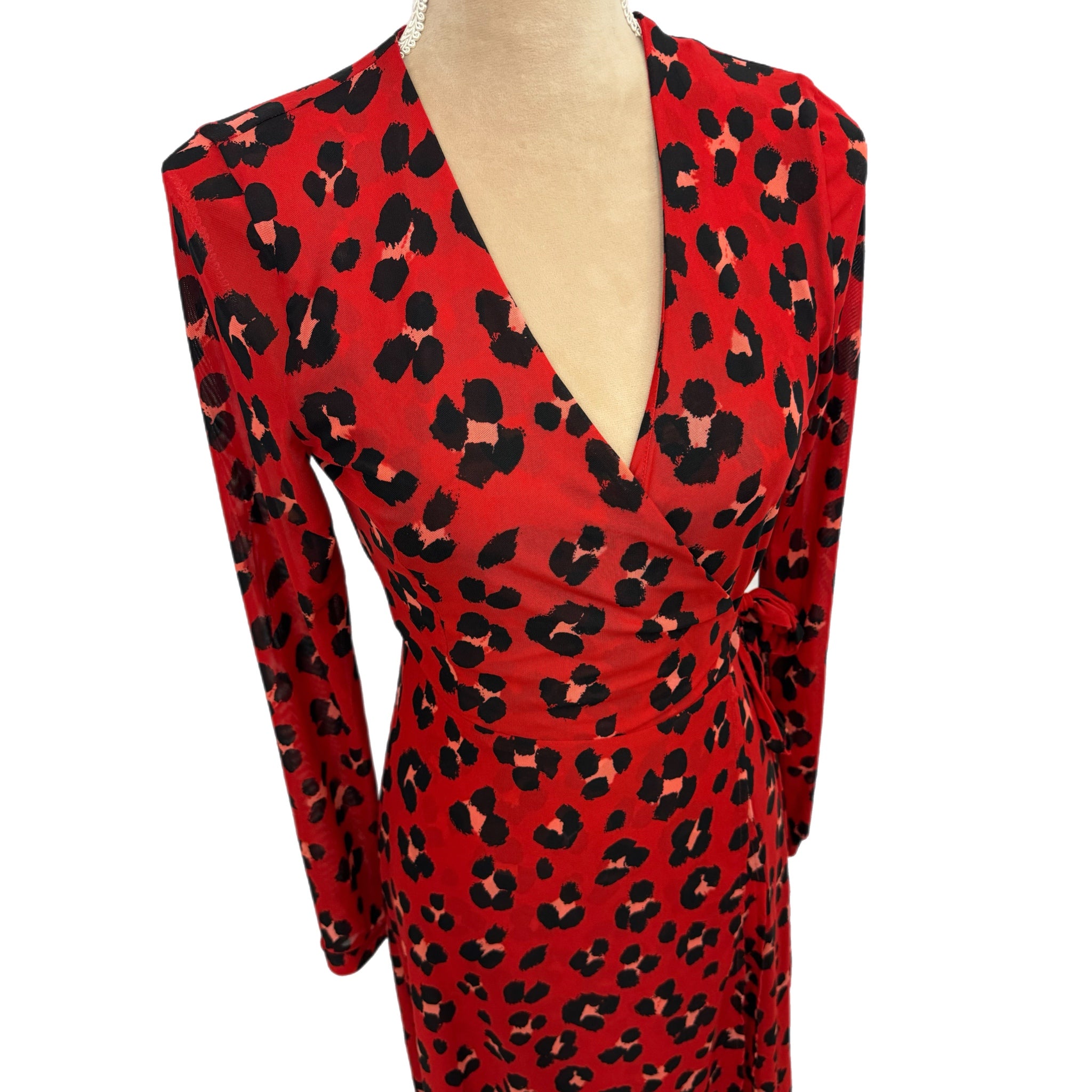 Cabi Siren Wrap Dress Red Leopard Print Midi Women’s Size XS Long Sleeve Chic