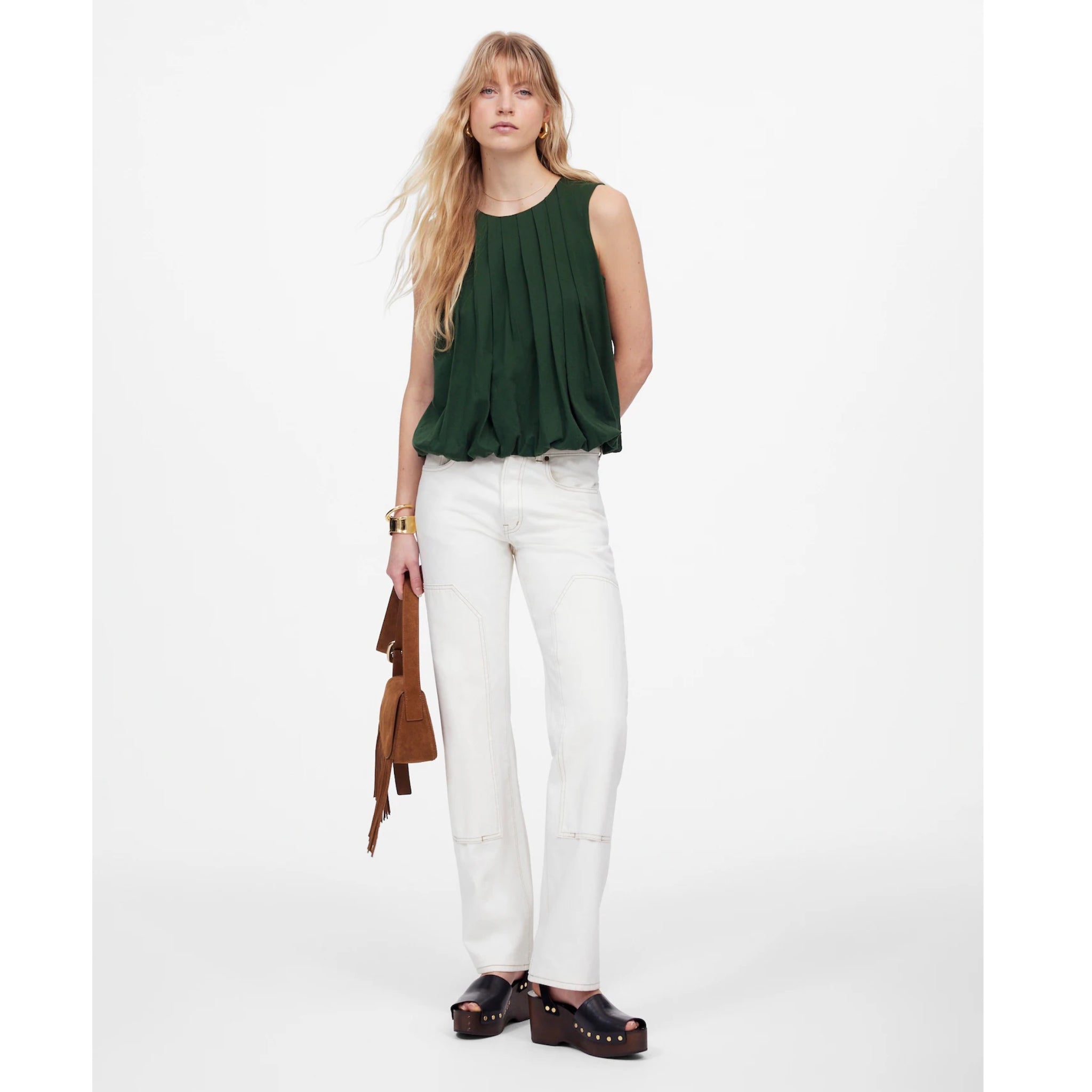 MADEWELL Sleeveless Crewneck Bubble Tank Top Sz XXS (Fits XS) Green Pleated New