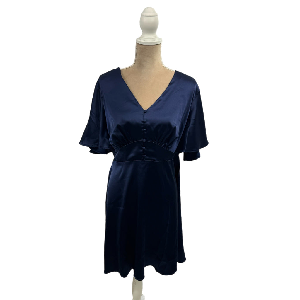 FLOUNCE LONDON Navy Satin Flutter Sleeve Mini Dress Short Sleeve V Neck Sz 16
