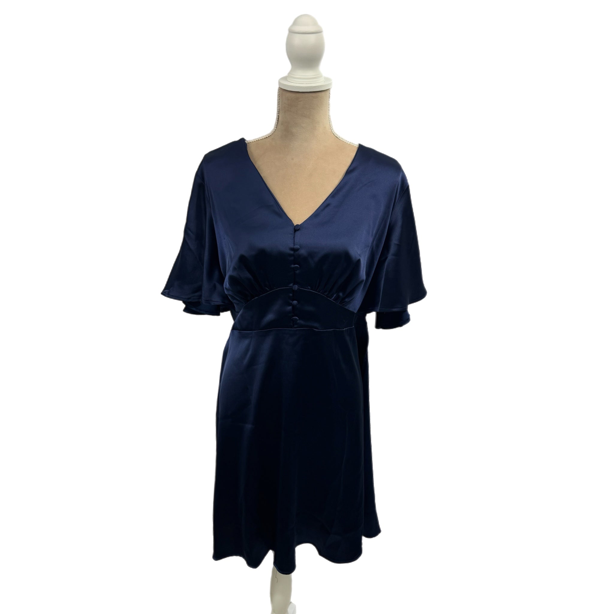 FLOUNCE LONDON Navy Satin Flutter Sleeve Mini Dress Short Sleeve V Neck Sz 16