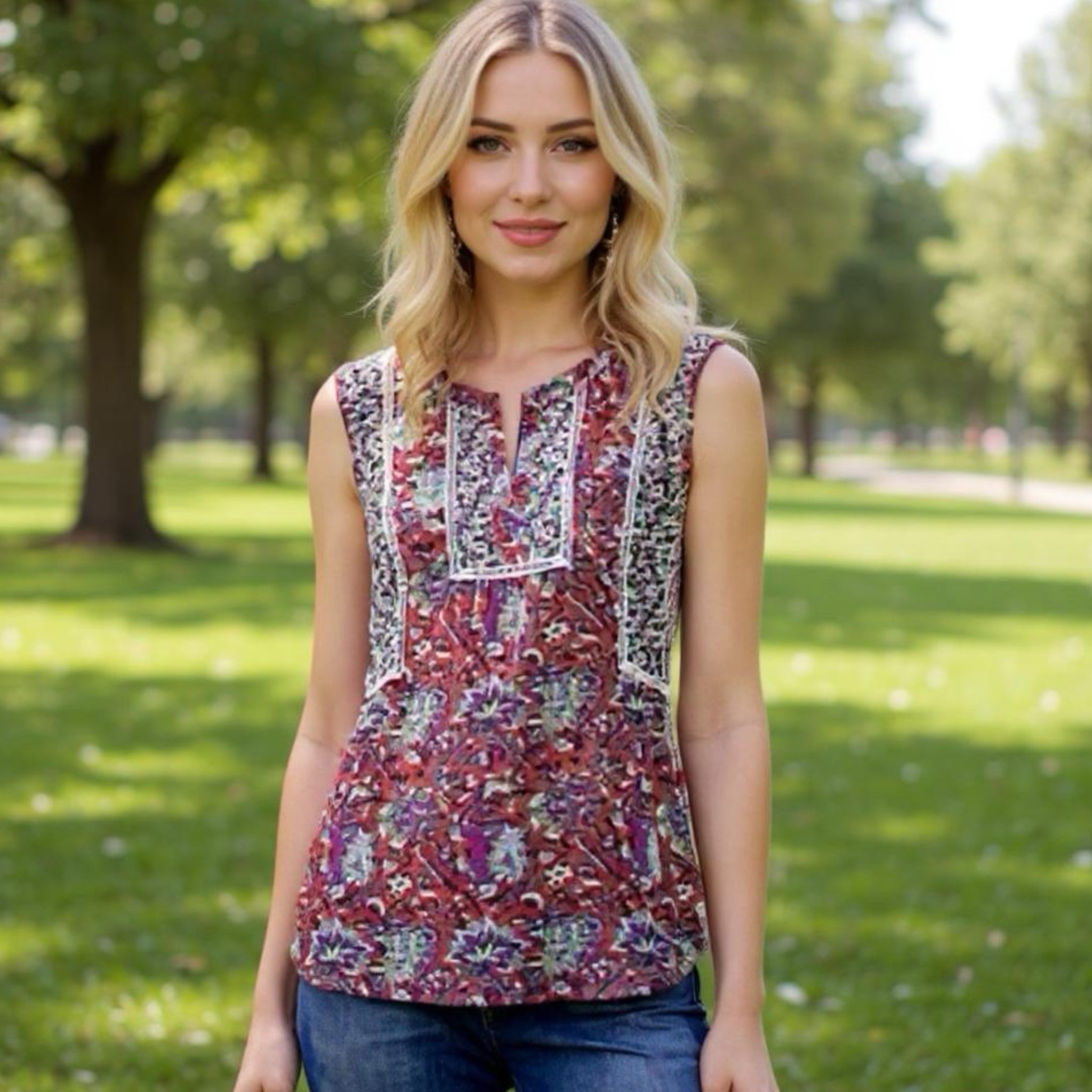 Anthropologie Meadow Rue Floral Sleeveless Blouse Boho Crochet Semi-Sheer Sz S