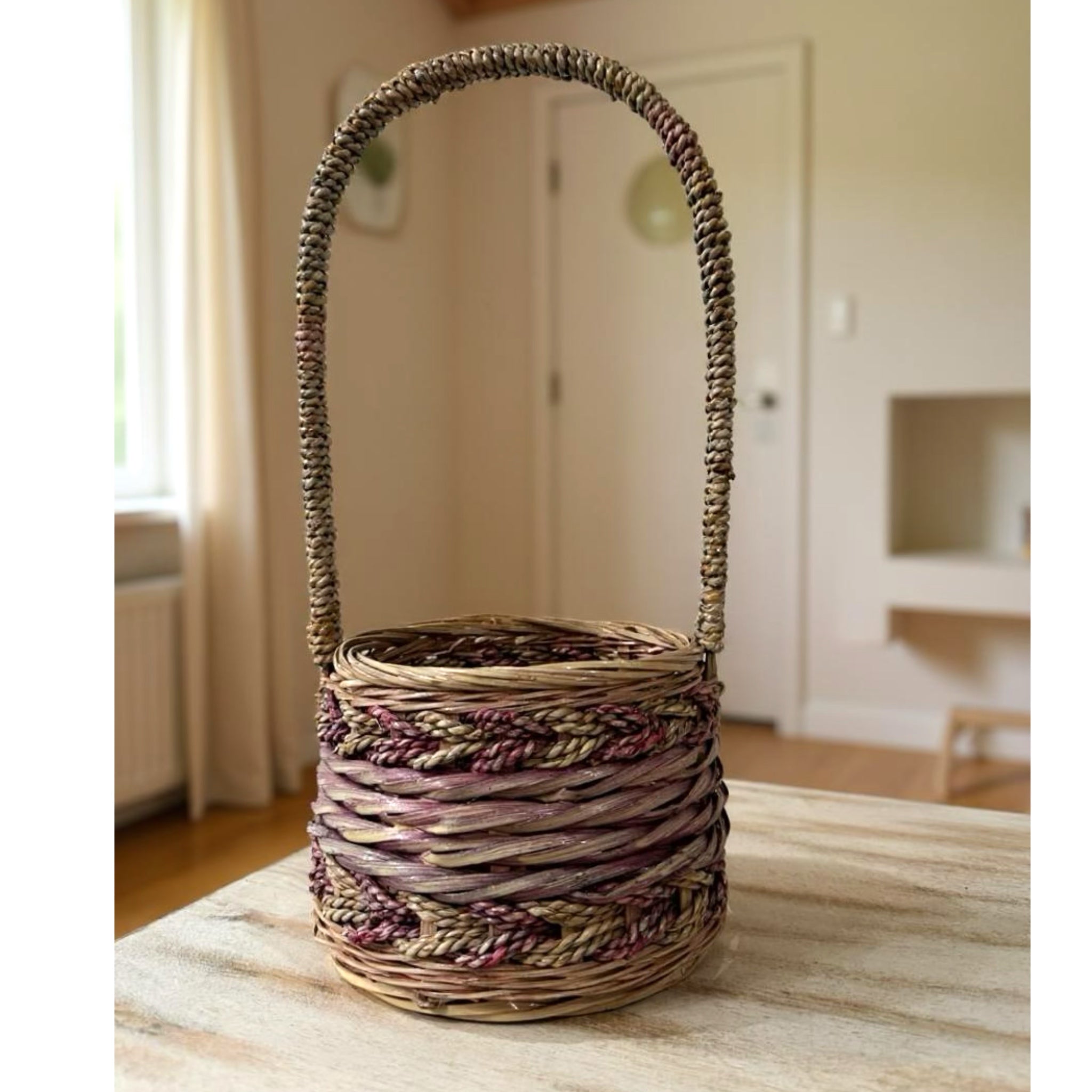 Vintage Basket Cottage House Tall Arched Handle Wicker Woven Twist Design 13x6”