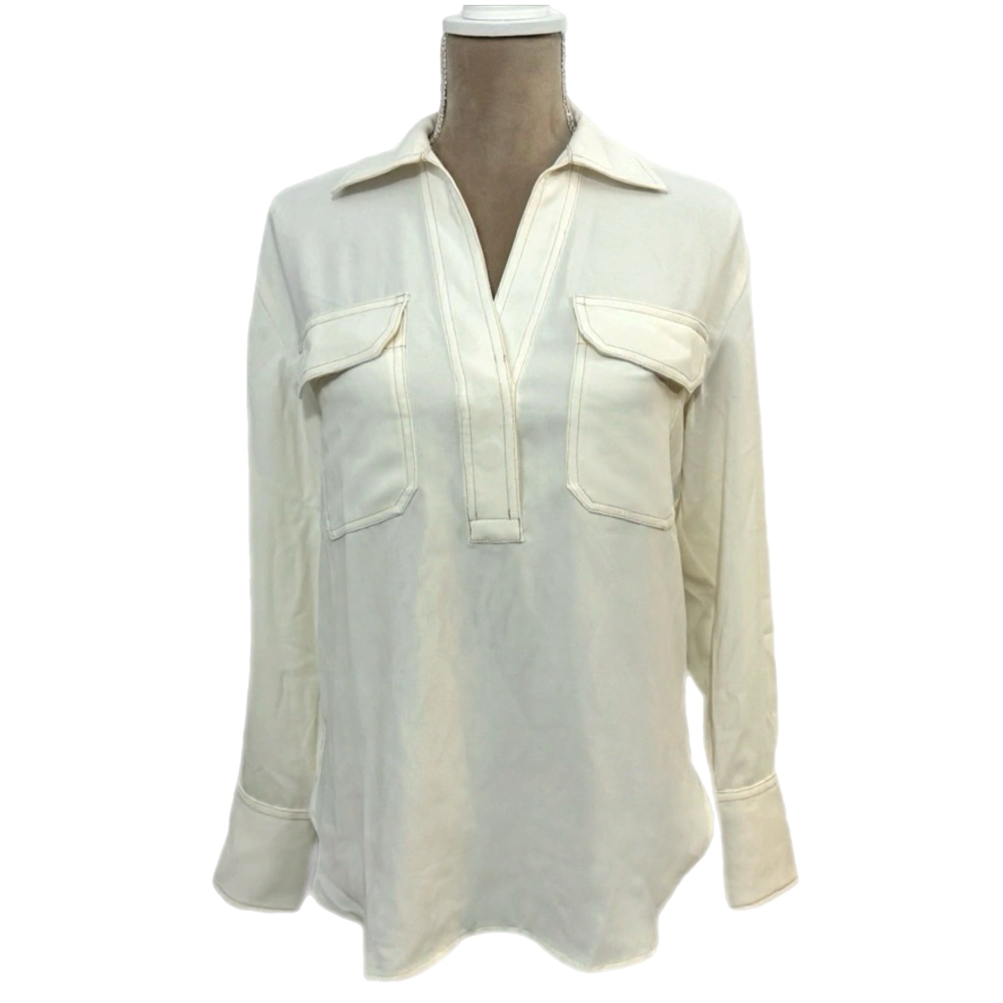 MADEWELL Contrast Stitch Popover Blouse XS White Ivory Long Sleeve MSRP $118 New