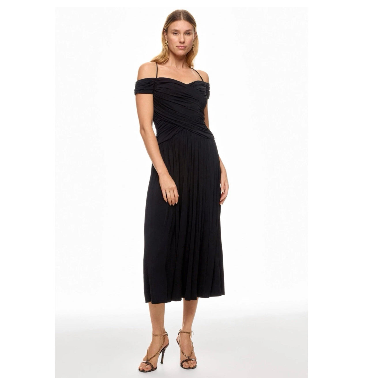 Rosetta Getty Collective Off Shoulder Black Ruched Midi Dress Sz 4 | MSRP $485