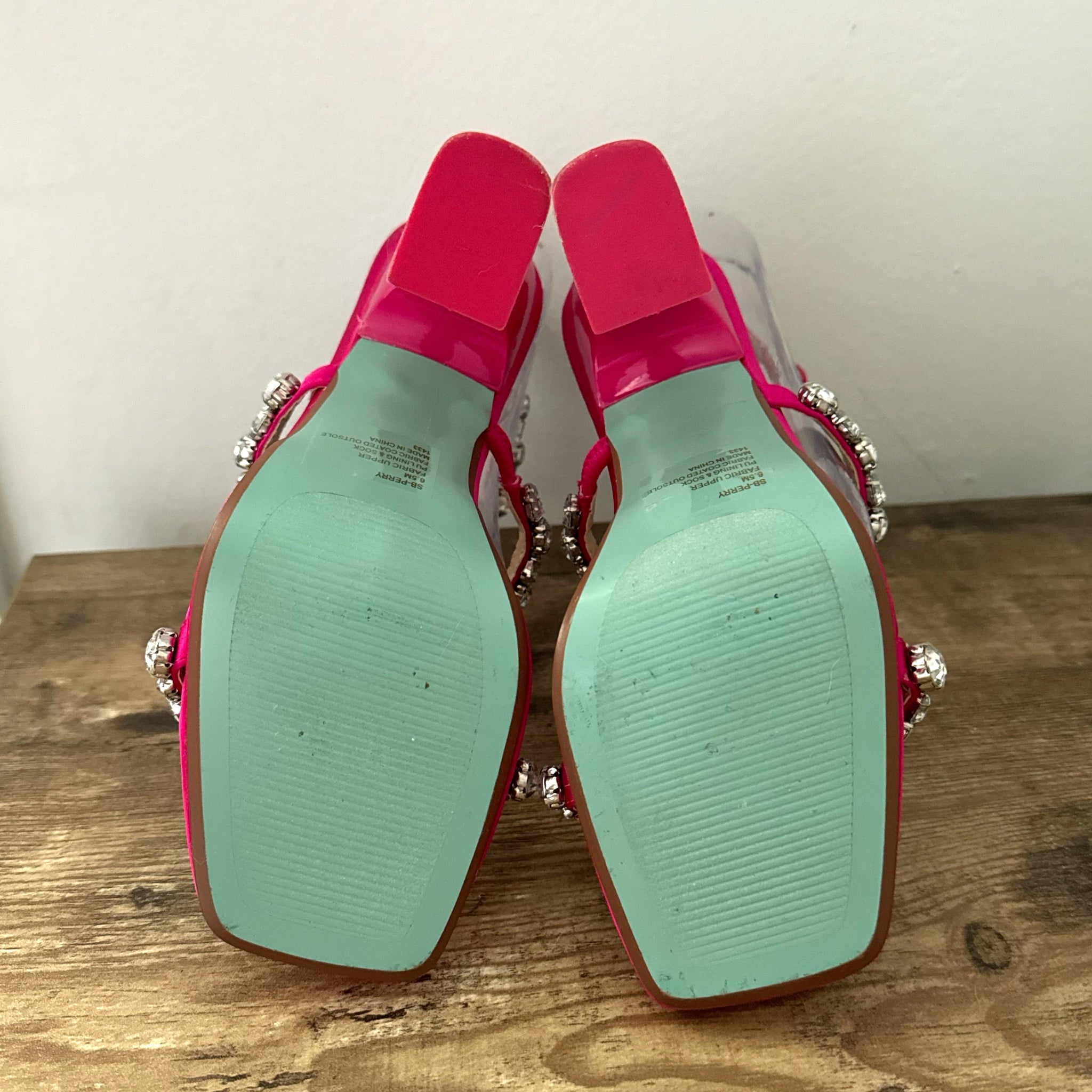 Betsey Johnson SB-Perry Women's Heels Pink Rhinestone Strap Blue Bottoms Sz 6.5