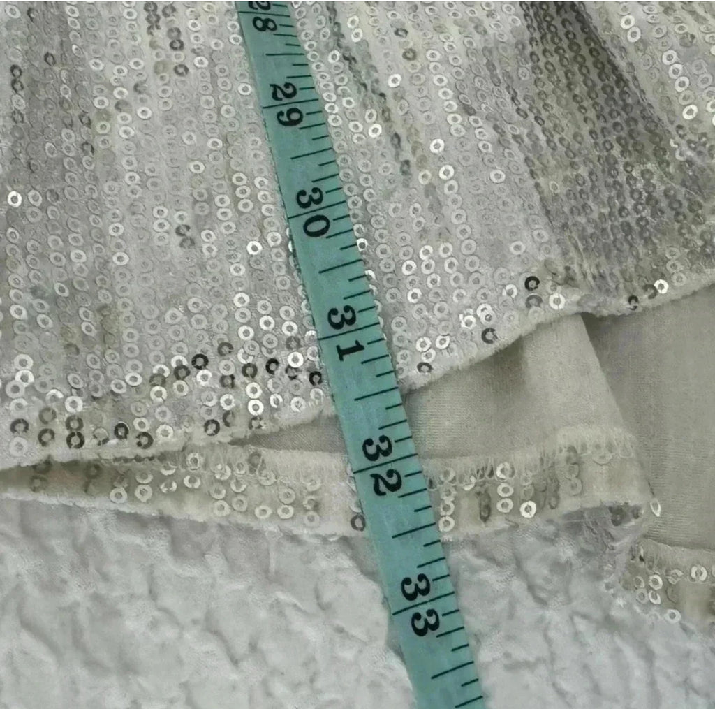 AKIRA White Silver Sequin Cocktail Mini Dress Long Sleeve V Neck Sz S