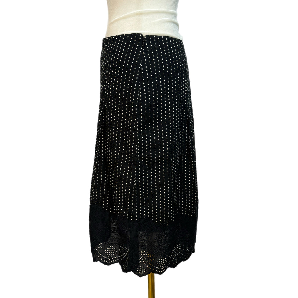 ANN TAYLOR Black Polka Dot Skirt Women’s 100% Cotton Full Knee Lace Hem Sz 6P