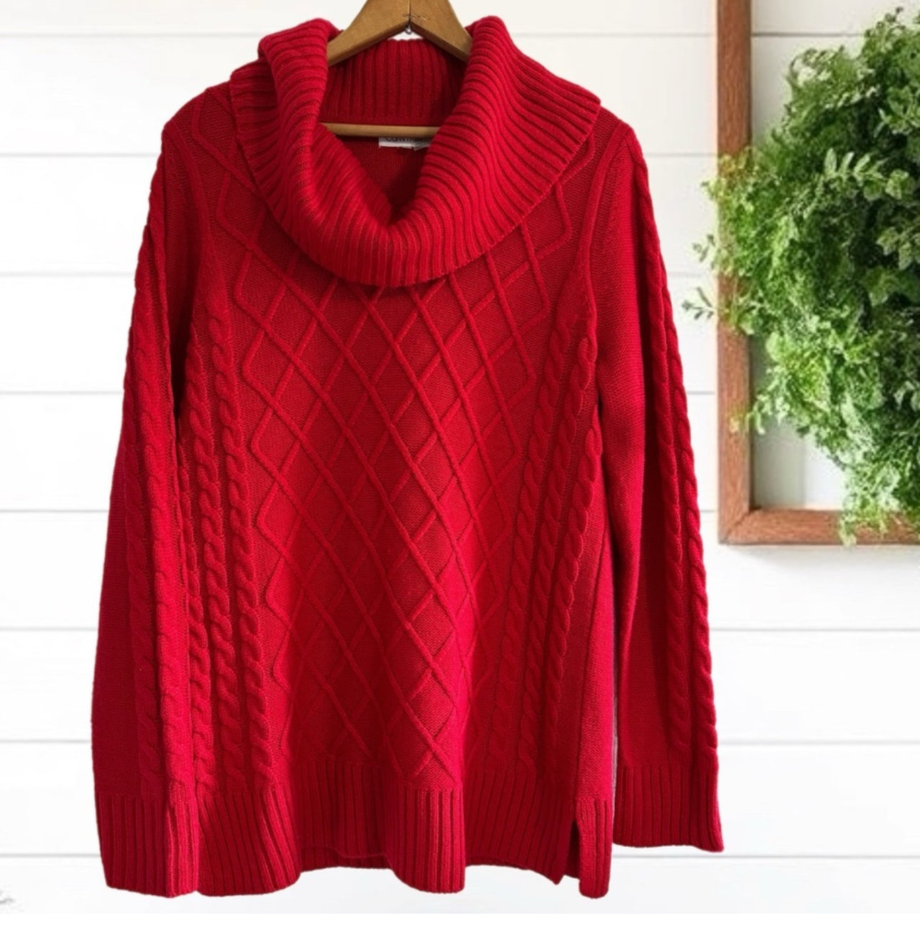 Calvin Klein Women's Cable Knit Red Sweater Diamond Pattern Cowl Neck Size M
