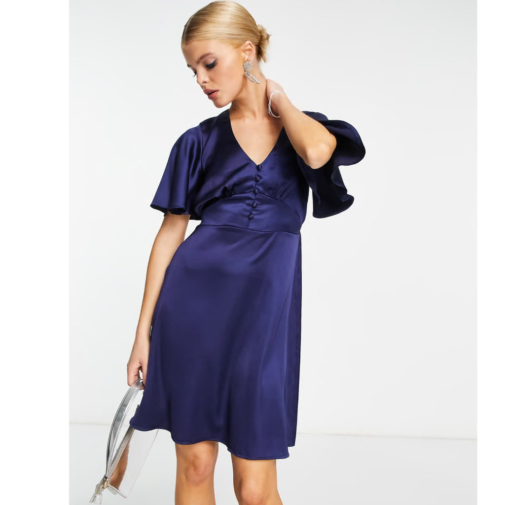 FLOUNCE LONDON Navy Satin Flutter Sleeve Mini Dress Short Sleeve V Neck Sz 16