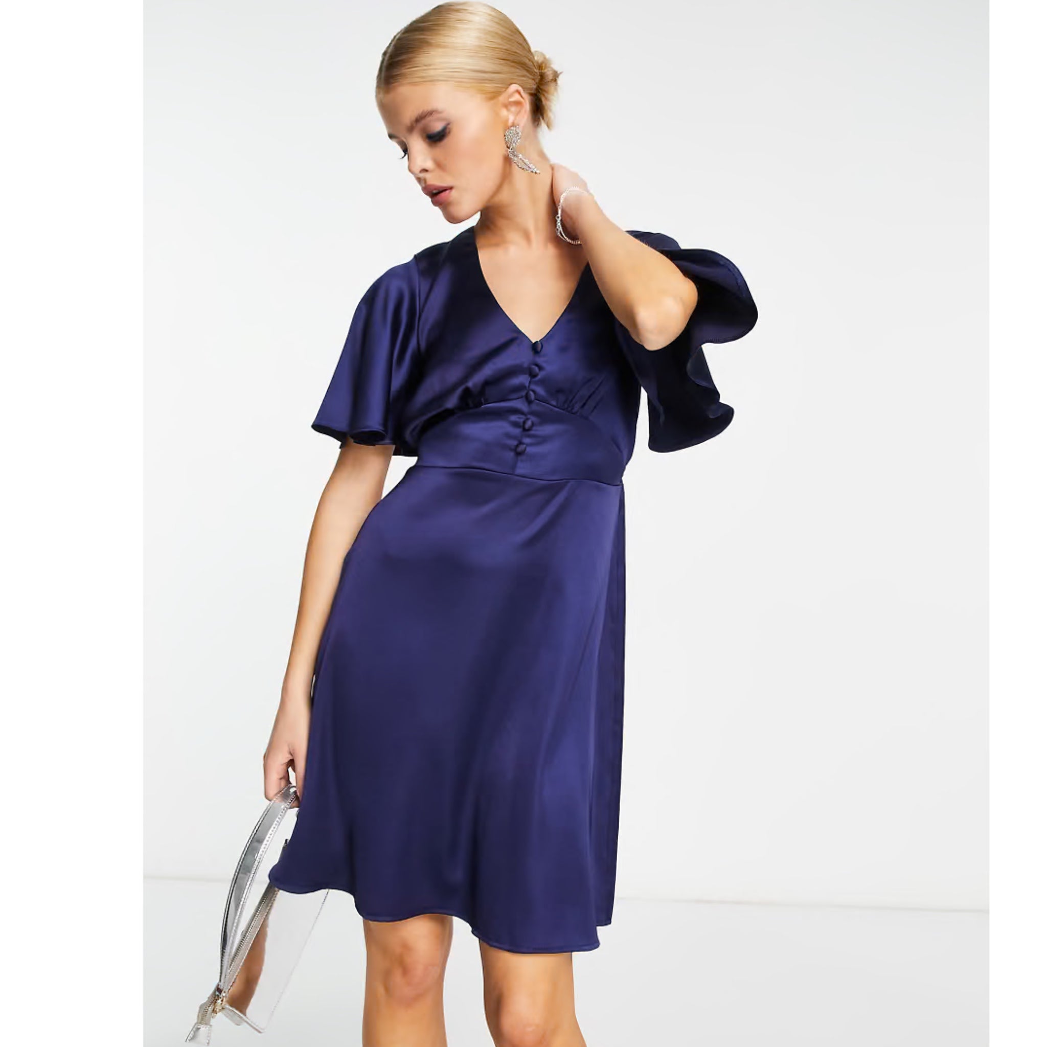 FLOUNCE LONDON Navy Satin Flutter Sleeve Mini Dress Short Sleeve V Neck Sz 16