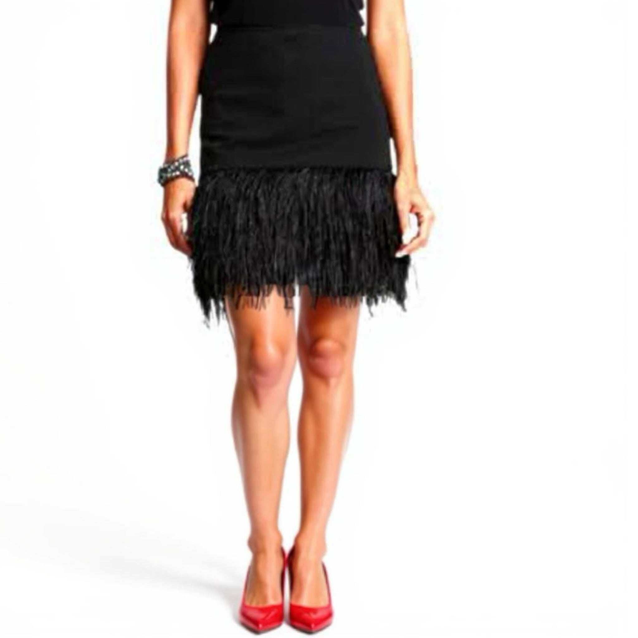 Ann Taylor Skirt Genuine Ostrich Feather Mini Black Ponte Women Sz 4 MSRP $298