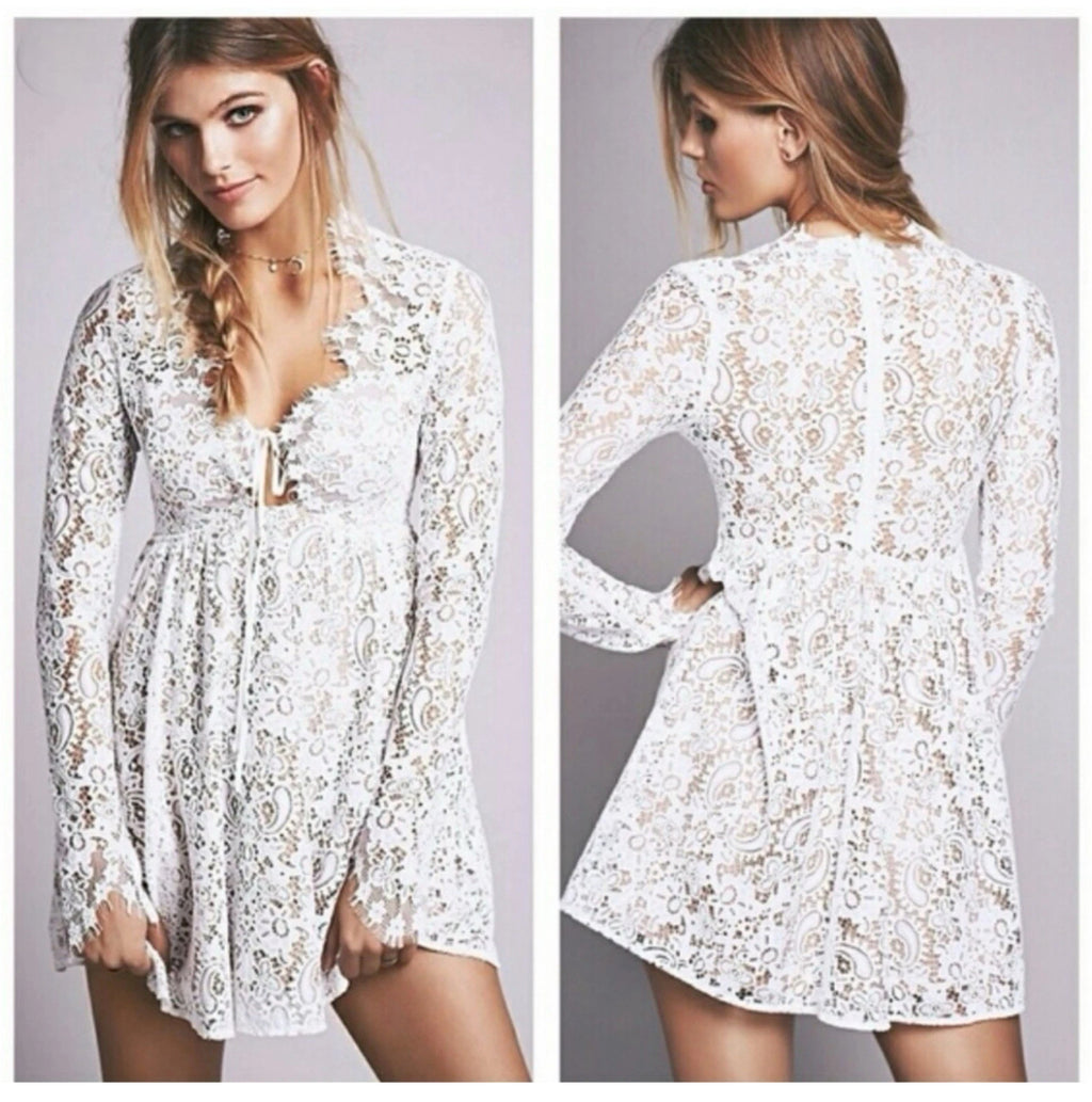 FOR LOVE & LEMONS Charlie Dress White Lace Long Sleeve Hippie Chic Mini Sz S
