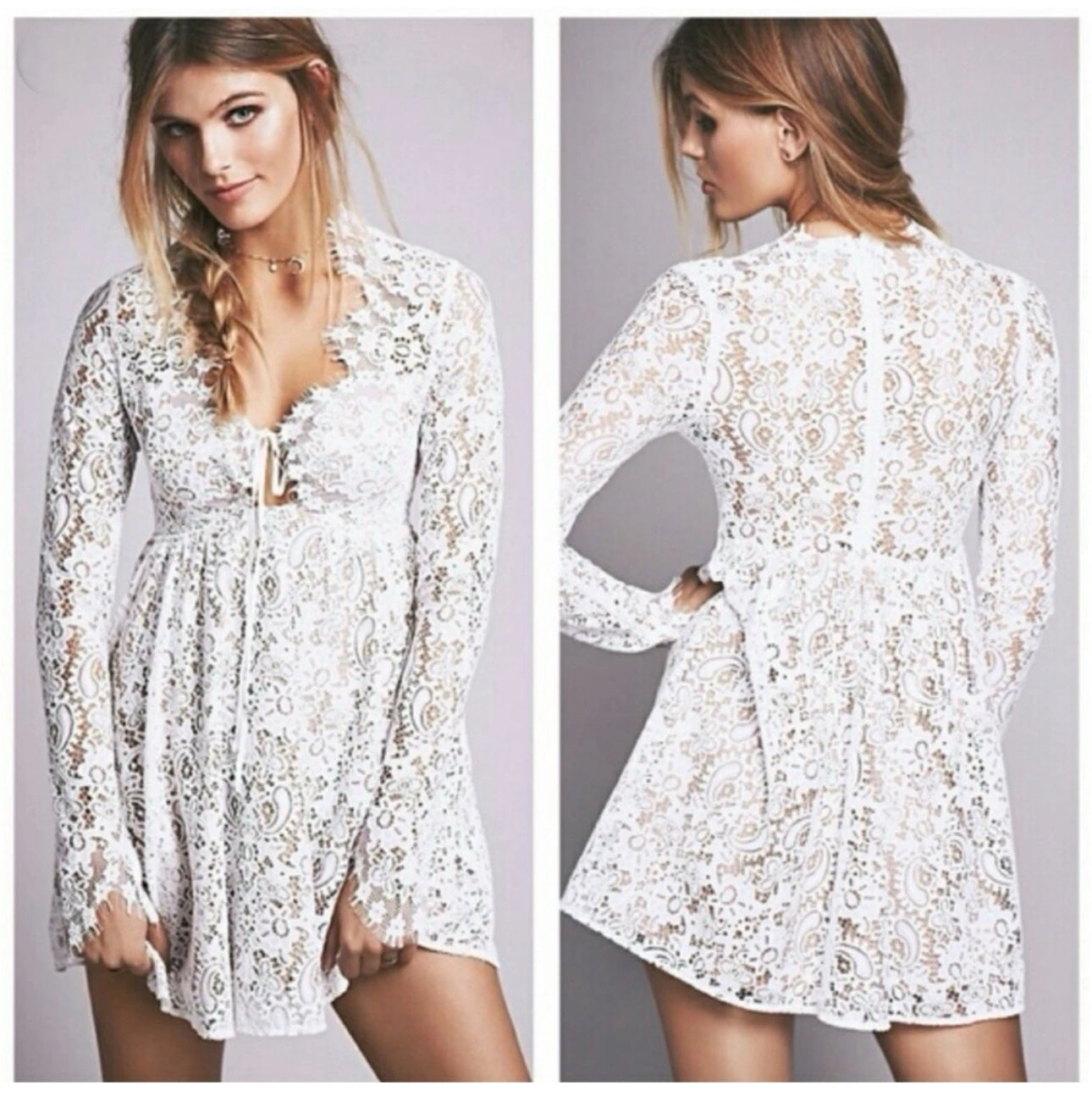 FOR LOVE & LEMONS Charlie Dress White Lace Long Sleeve Hippie Chic Mini Sz S