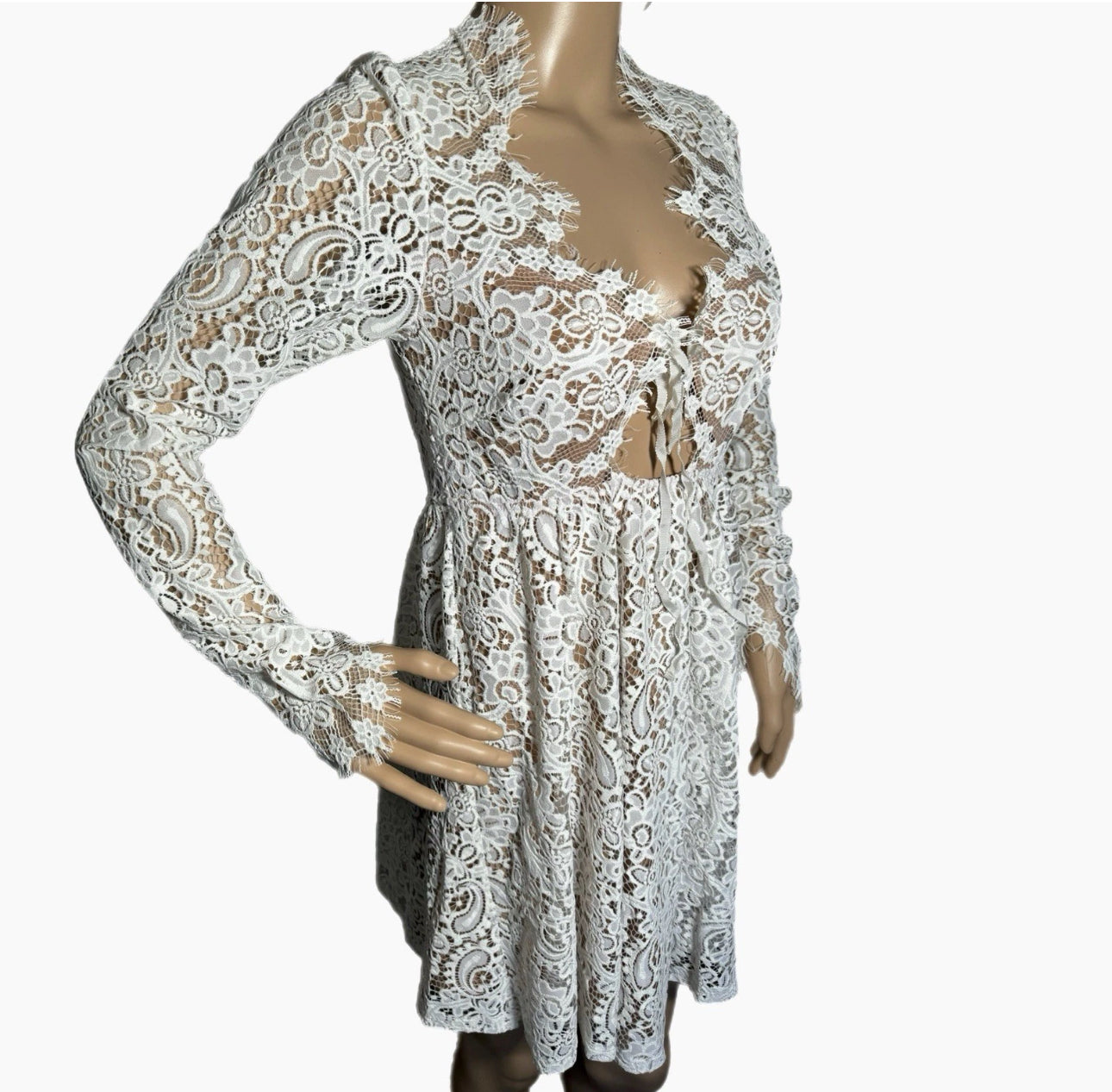 FOR LOVE & LEMONS Charlie Dress White Lace Long Sleeve Hippie Chic Mini Sz S