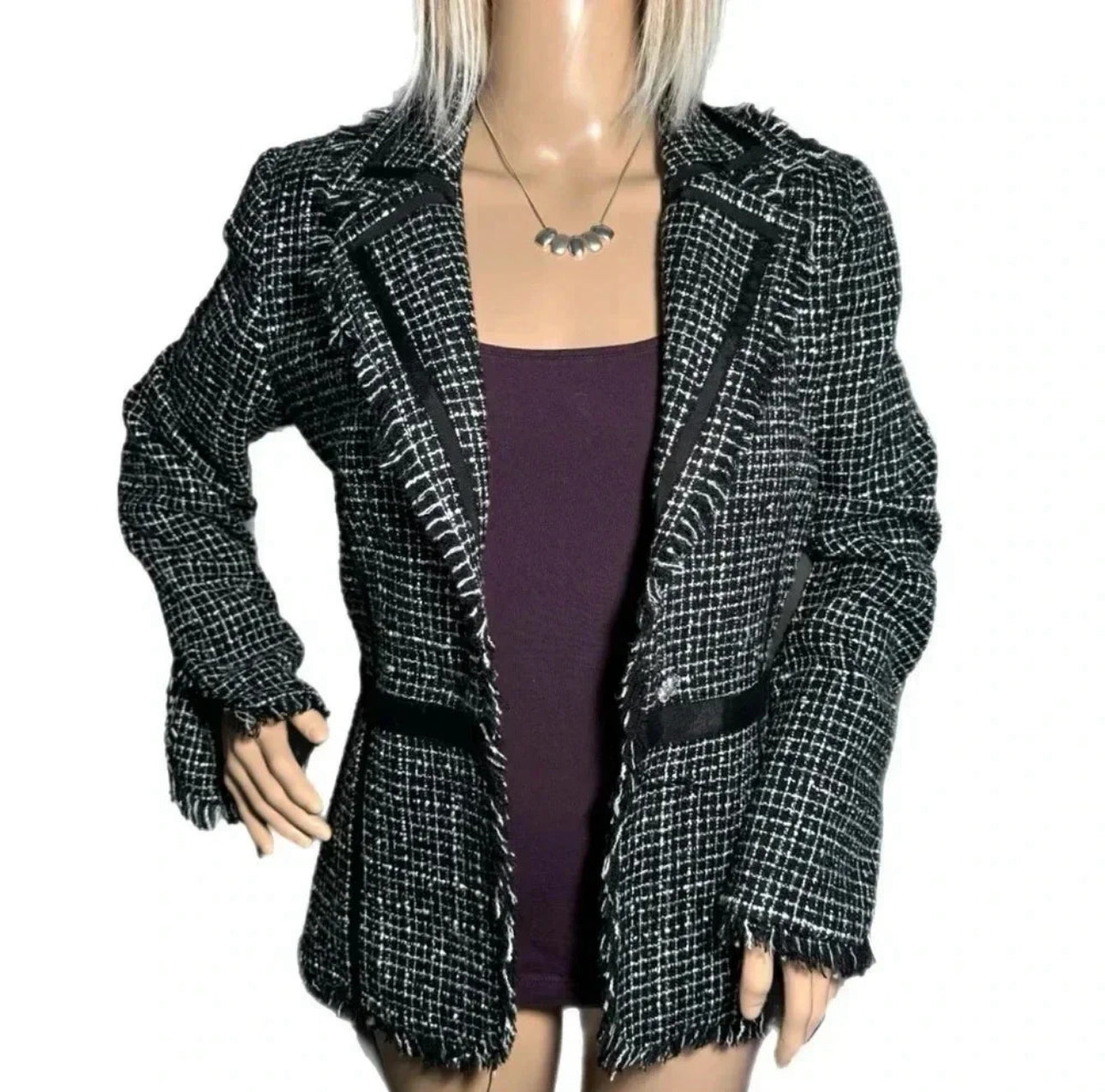 BISOU BISOU Michelle Bohbot Black & White Tweed Blazer Jacket Sz 6 Small