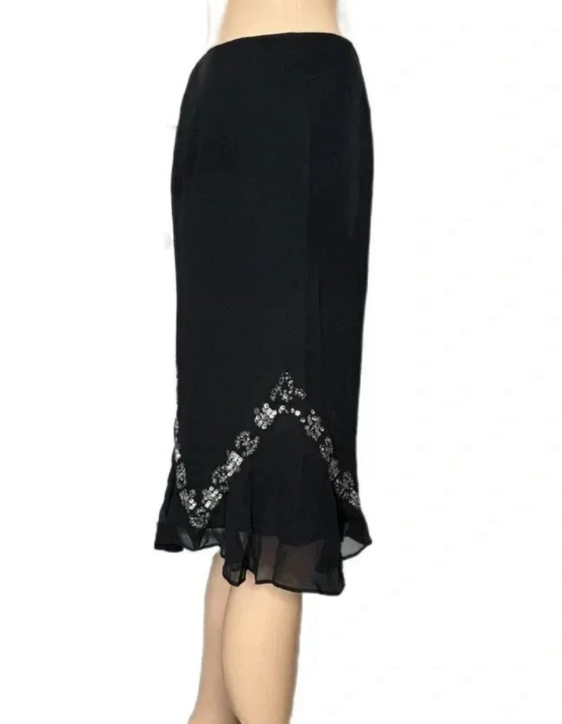 NWT BIANCA NYGARD 100% Silk Beaded Skirt Black Tulip Ruffle Hem Sz 4