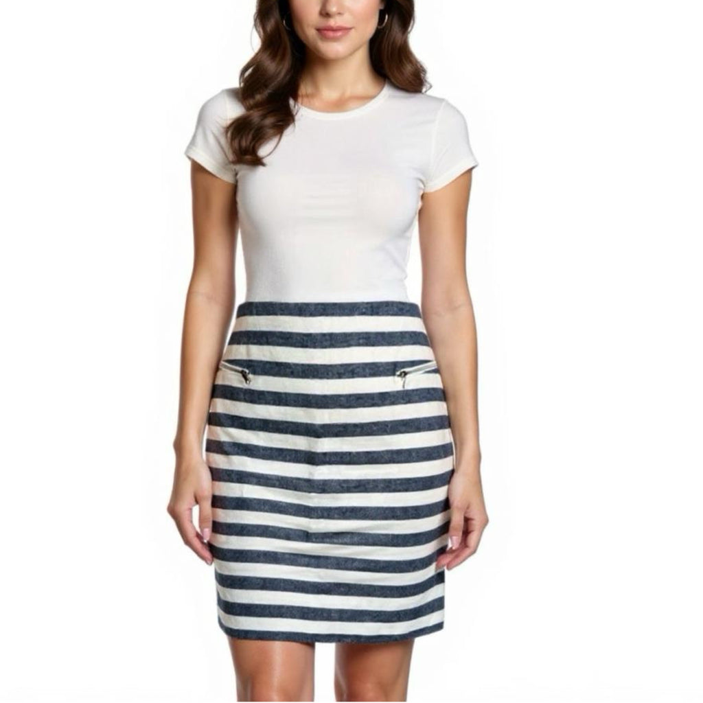 ANN TAYLOR Coastal Linen Blend Striped Pencil Skirt High Rise Navy White Size 4