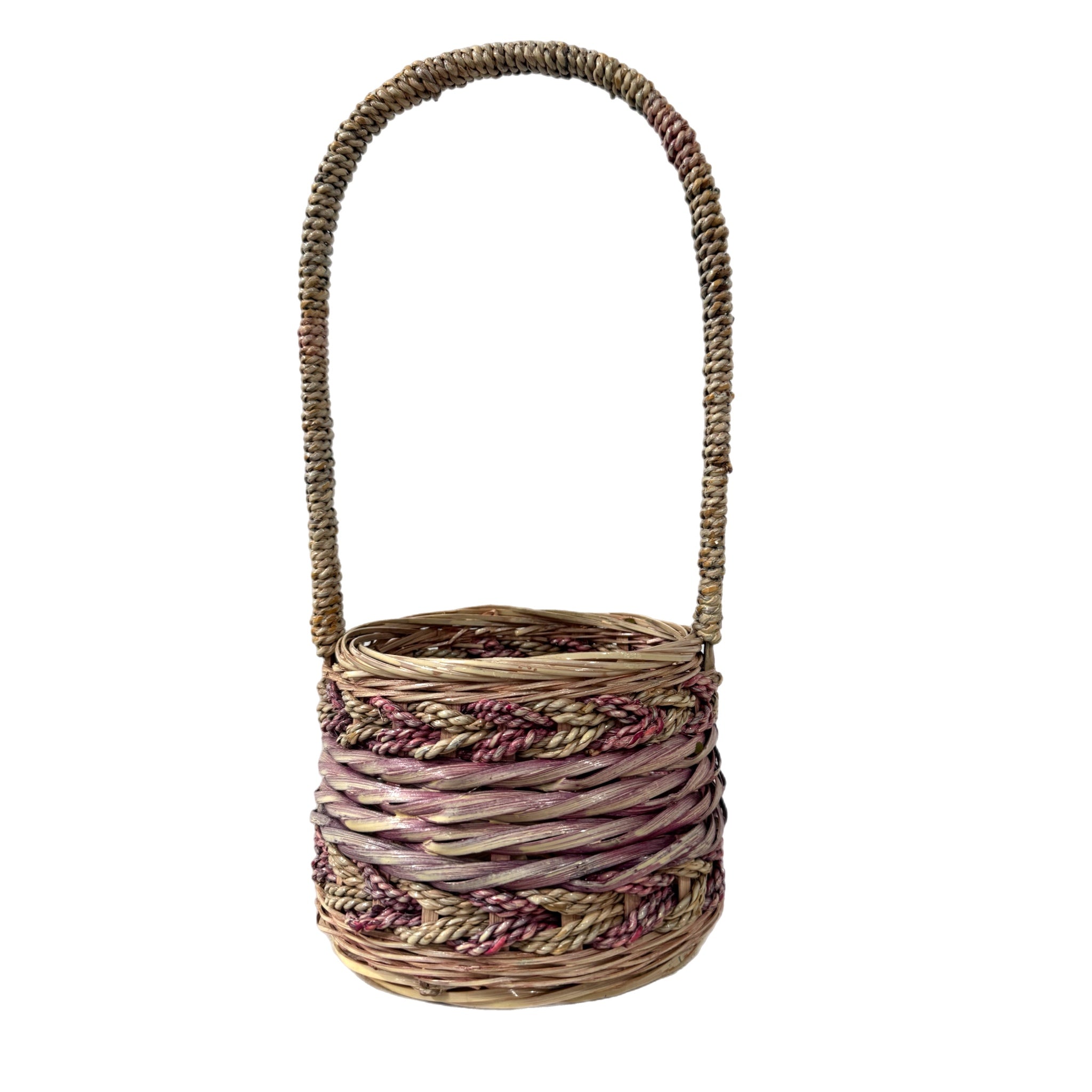 Vintage Basket Cottage House Tall Arched Handle Wicker Woven Twist Design 13x6”