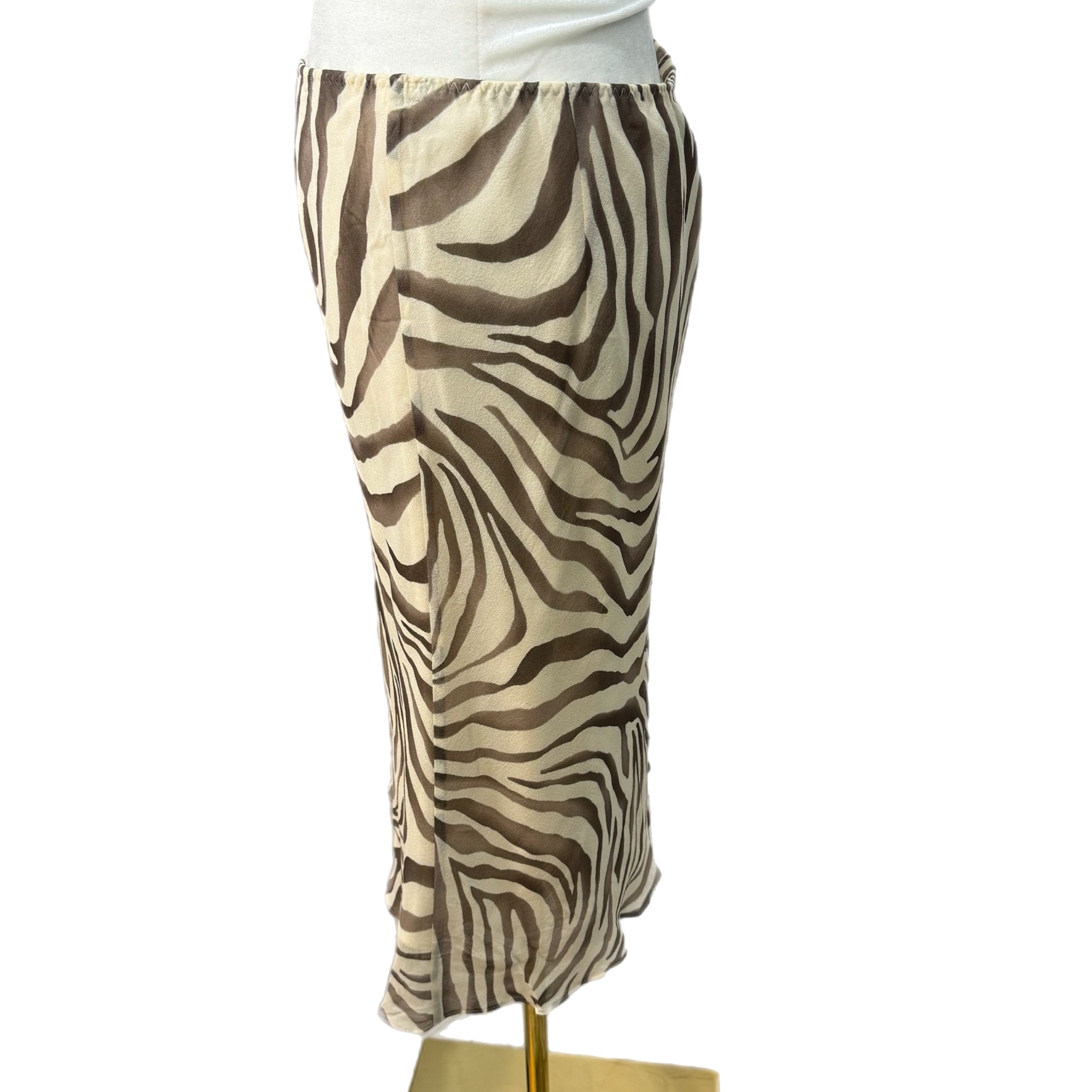 Vintage Y2K BANANA REPUBLIC 100% SILK Circa 2003 Midi Skirt Beige Zebra Mod Sz 8