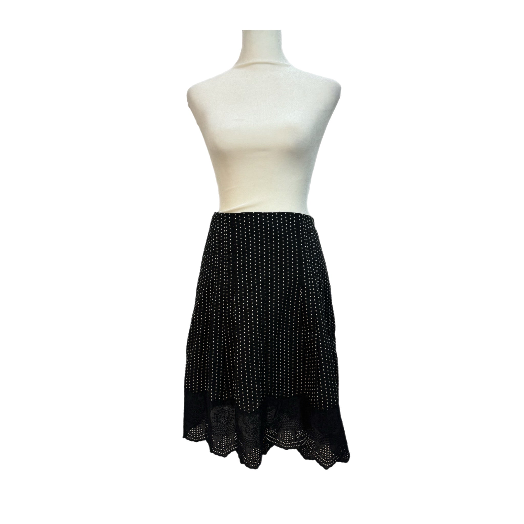 ANN TAYLOR Black Polka Dot Skirt Women’s 100% Cotton Full Knee Lace Hem Sz 6P