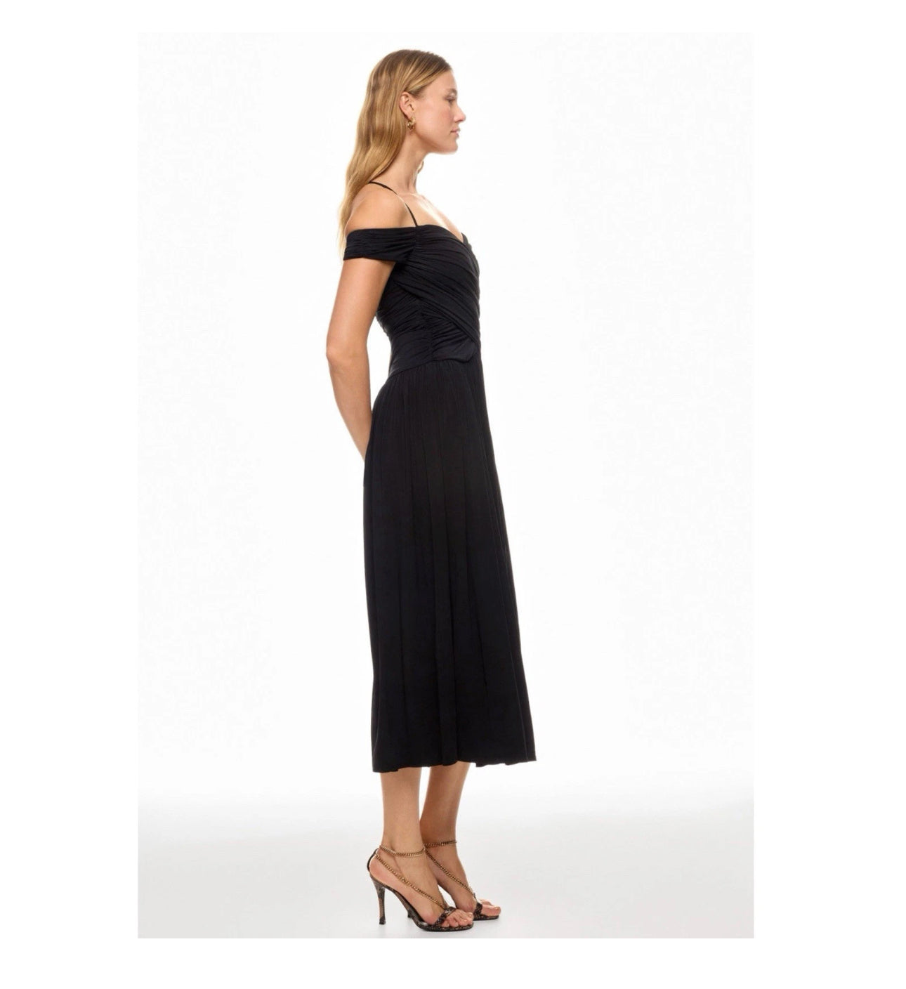 Rosetta Getty Collective Off Shoulder Black Ruched Midi Dress Sz 4 | MSRP $485