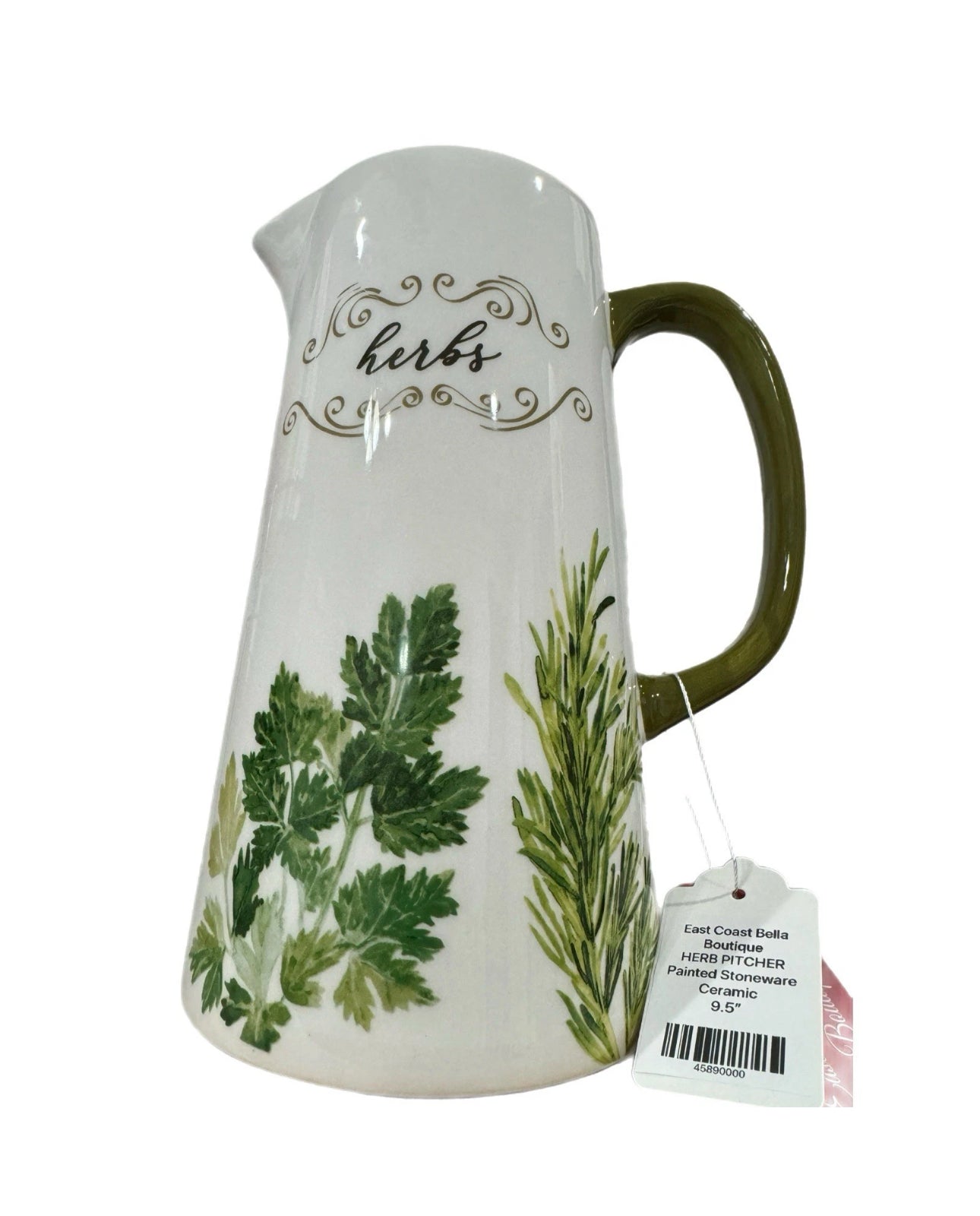 New Ceramic Pitcher Herbs Botanical Painted Green White 9.5”