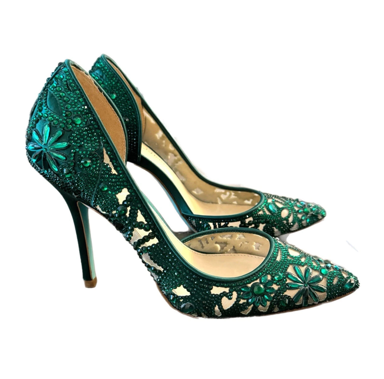 Betsey Johnson Blue Bottom Green Crystal Beaded d’Orsay Pumps Showstopper Heels Sz 8.5