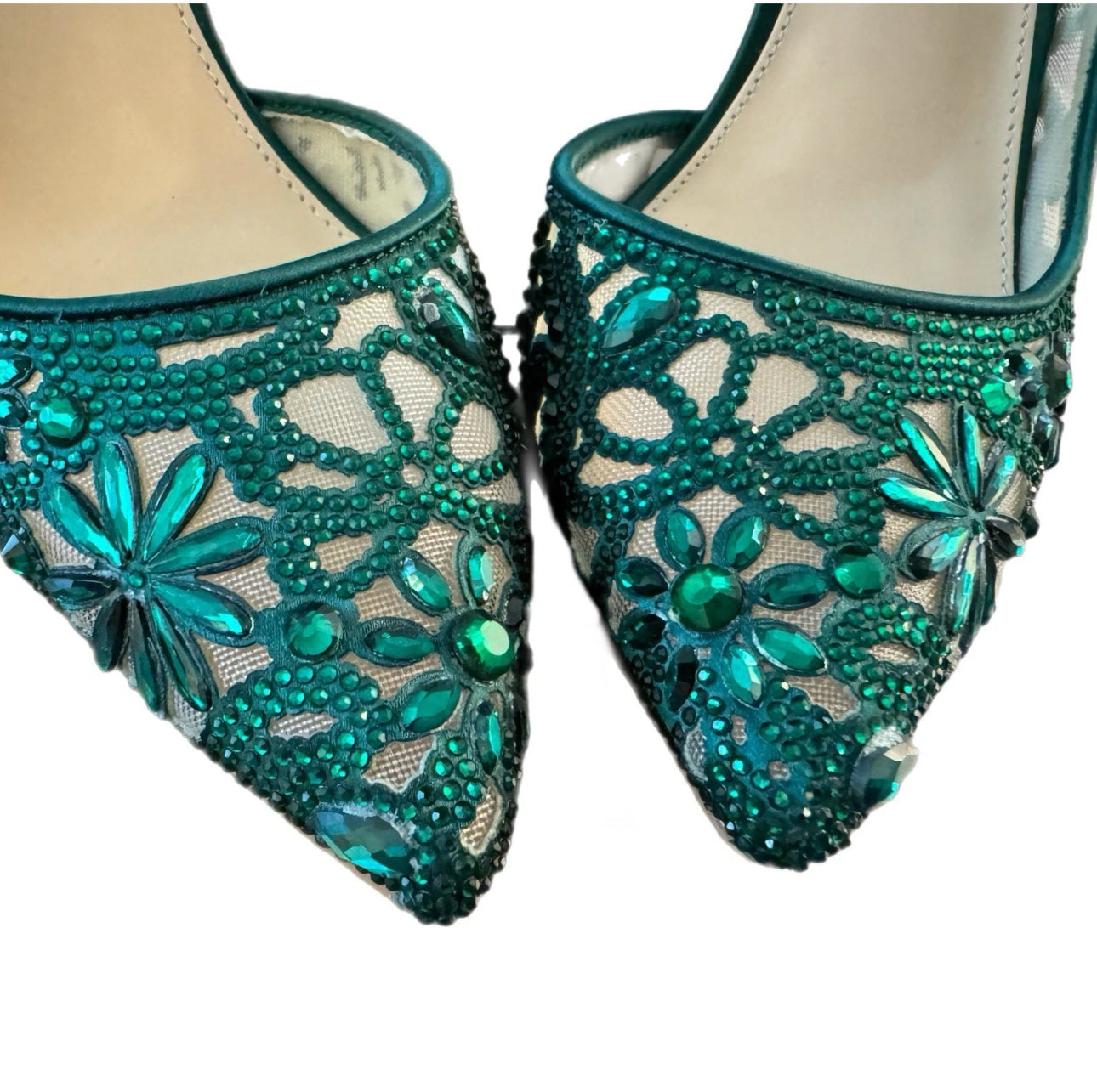 Betsey Johnson Blue Bottom Green Crystal Beaded d’Orsay Pumps Showstopper Heels Sz 8.5
