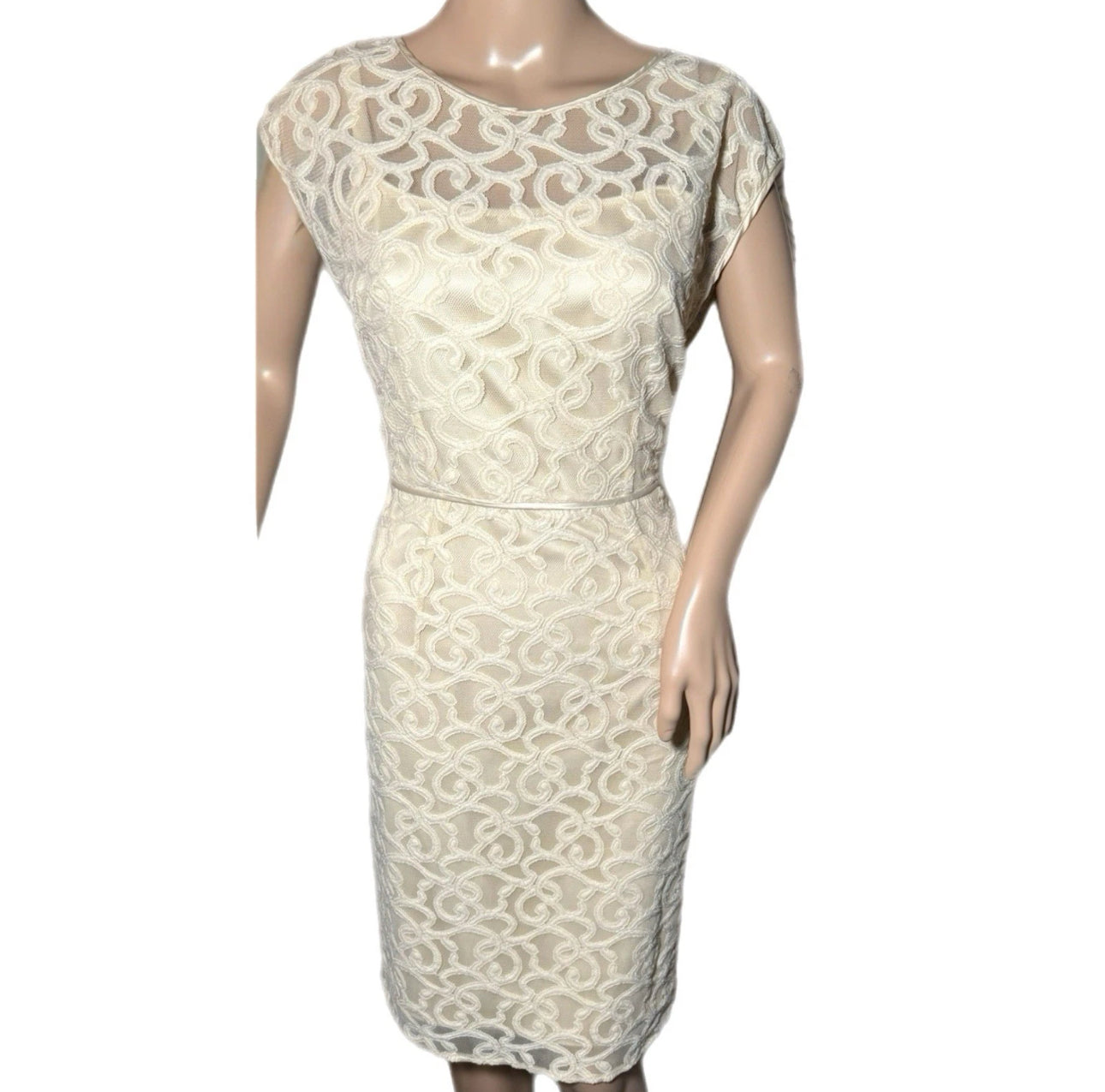 Adrianna Papell Women’s Ivory Dress Floral Lace Short Cap Sleeve Sheath Sz 8