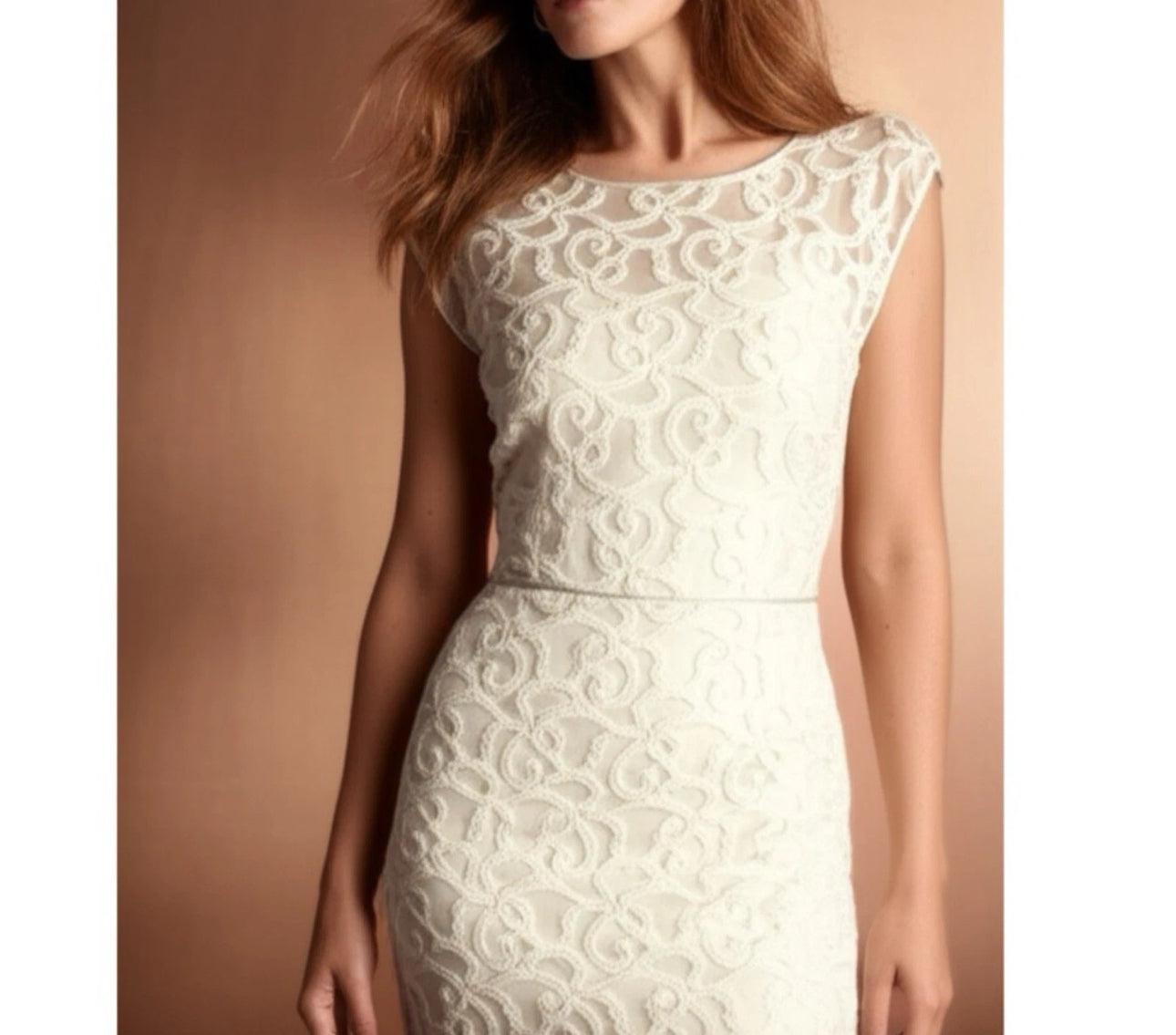 Adrianna Papell Women’s Ivory Dress Floral Lace Short Cap Sleeve Sheath Sz 8