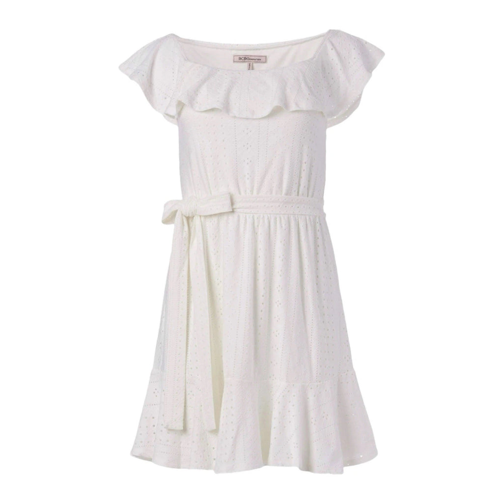 BCBGeneration Ruffled Off Shoulder Eyelet Mini Dress Womens Cottage White Sz M