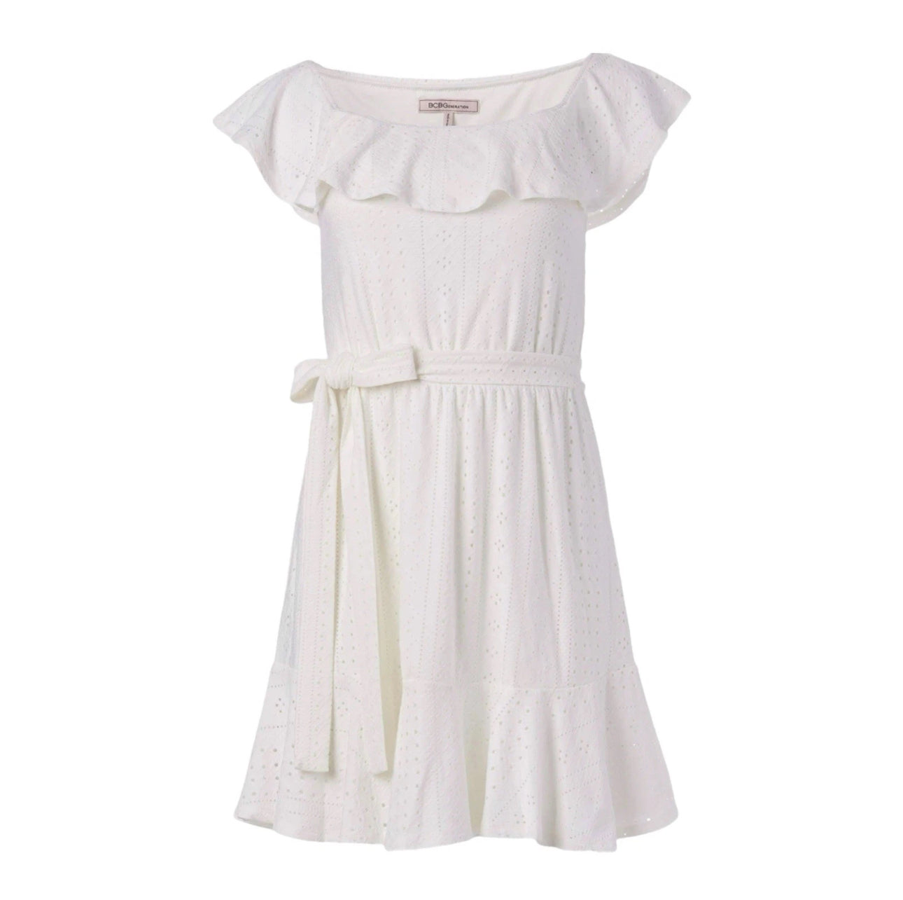 BCBGeneration Ruffled Off Shoulder Eyelet Mini Dress Womens Cottage White Sz M