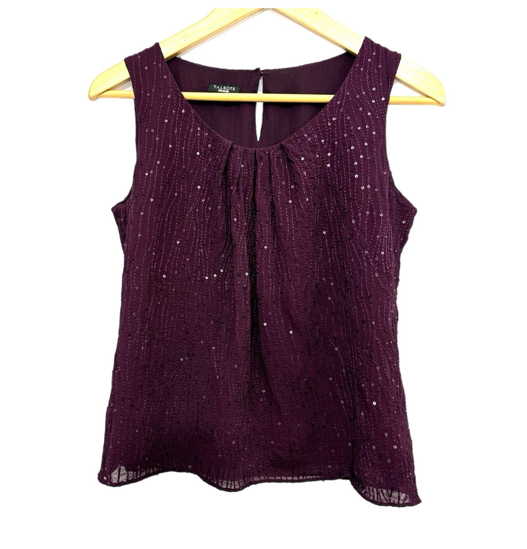 Talbots 100% Silk Sleeveless Blouse Embroidery Sequins Plum Purple Sz 6