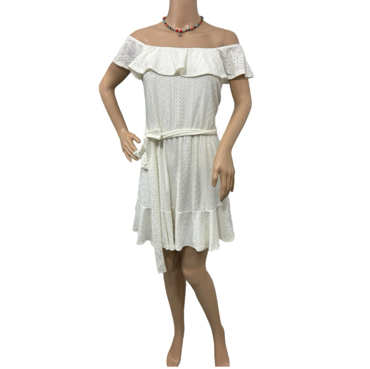 BCBGeneration Ruffled Off Shoulder Eyelet Mini Dress Womens Cottage White Sz M