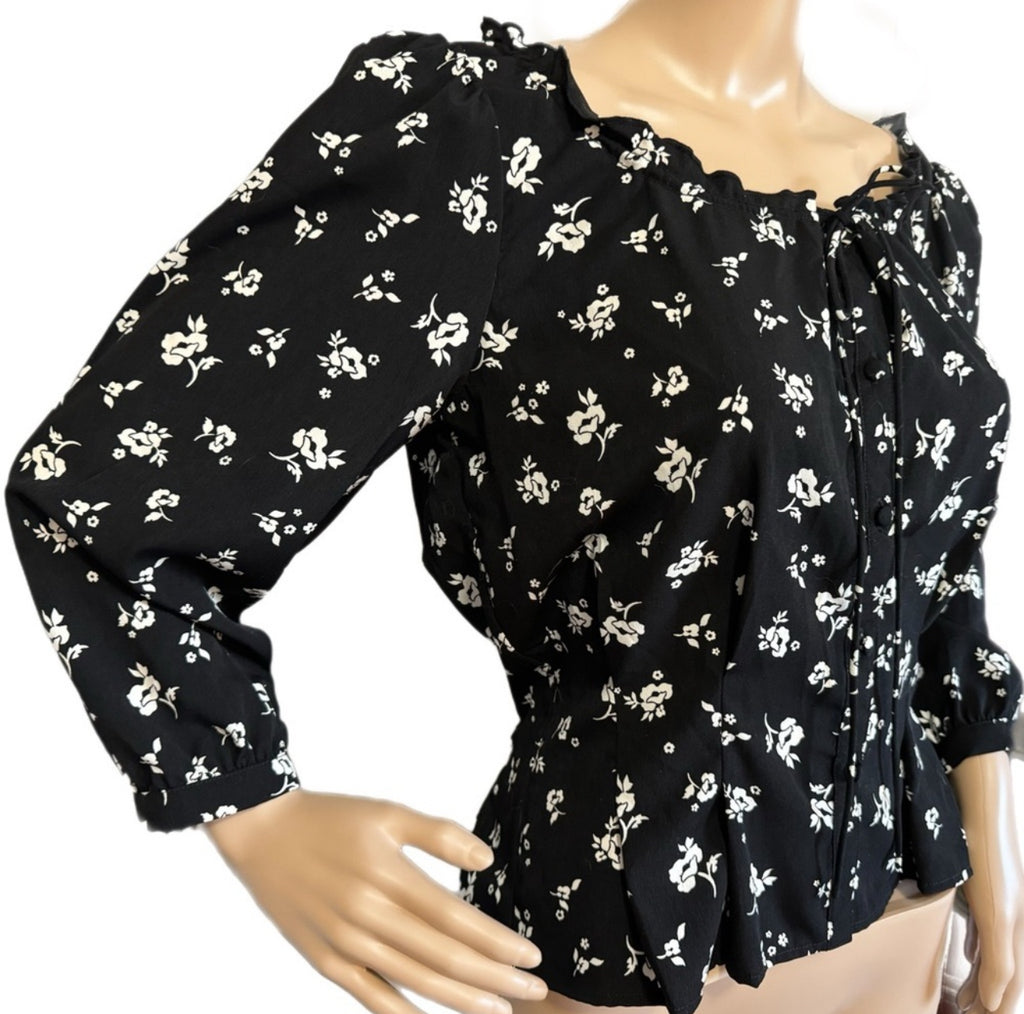 Designer JAMIE MIZRAHI Sweet Baby Jamie Blouse Black Floral Sz S/M NWT MSRP $230