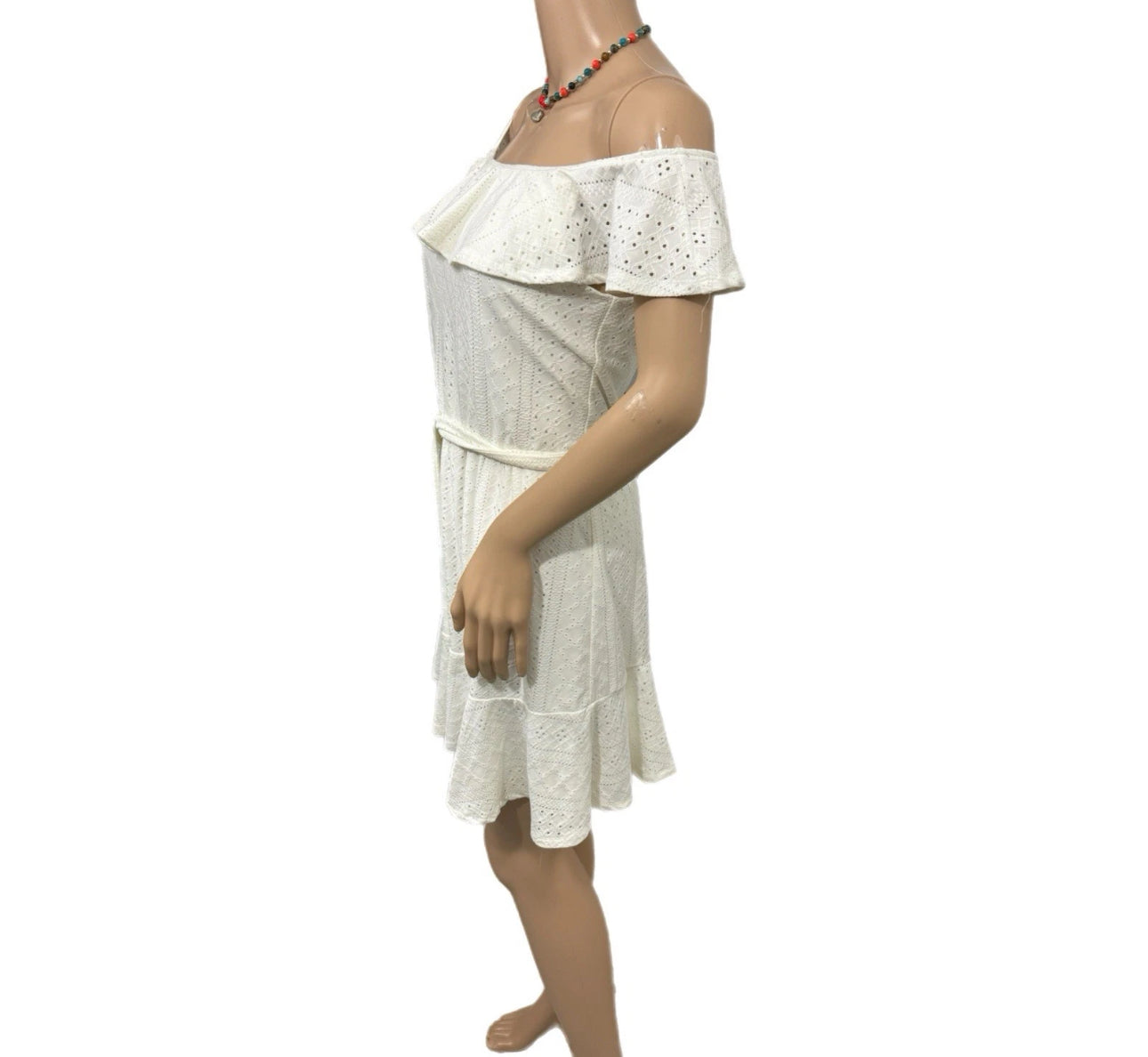BCBGeneration Ruffled Off Shoulder Eyelet Mini Dress Womens Cottage White Sz M